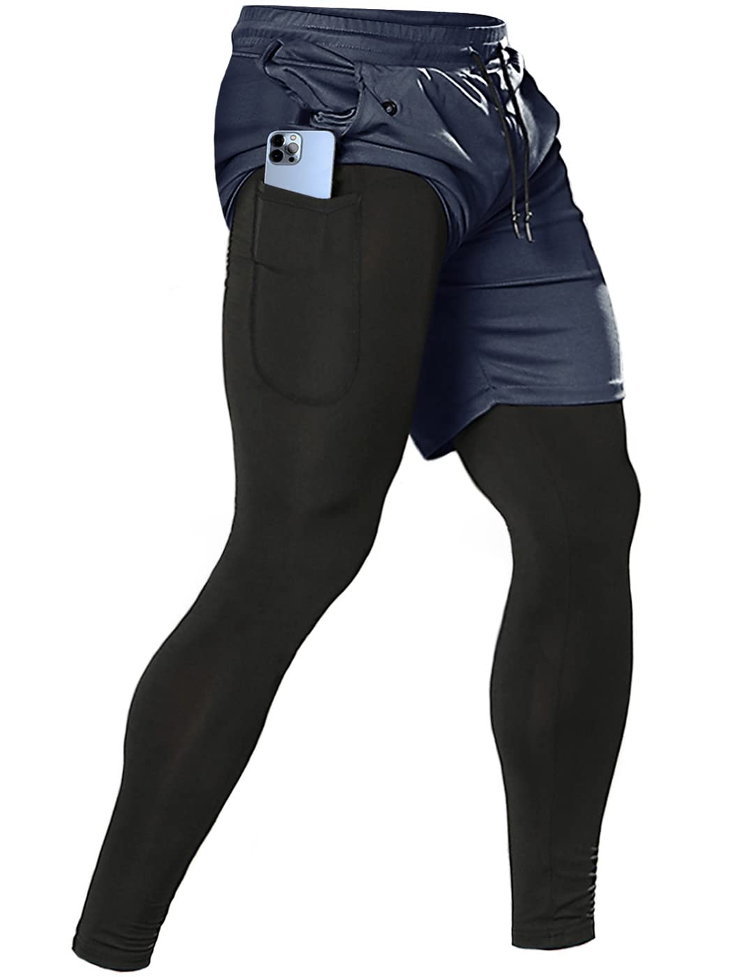 Men's 2 in 1 Running Pants, Gym Workout Compression Pants