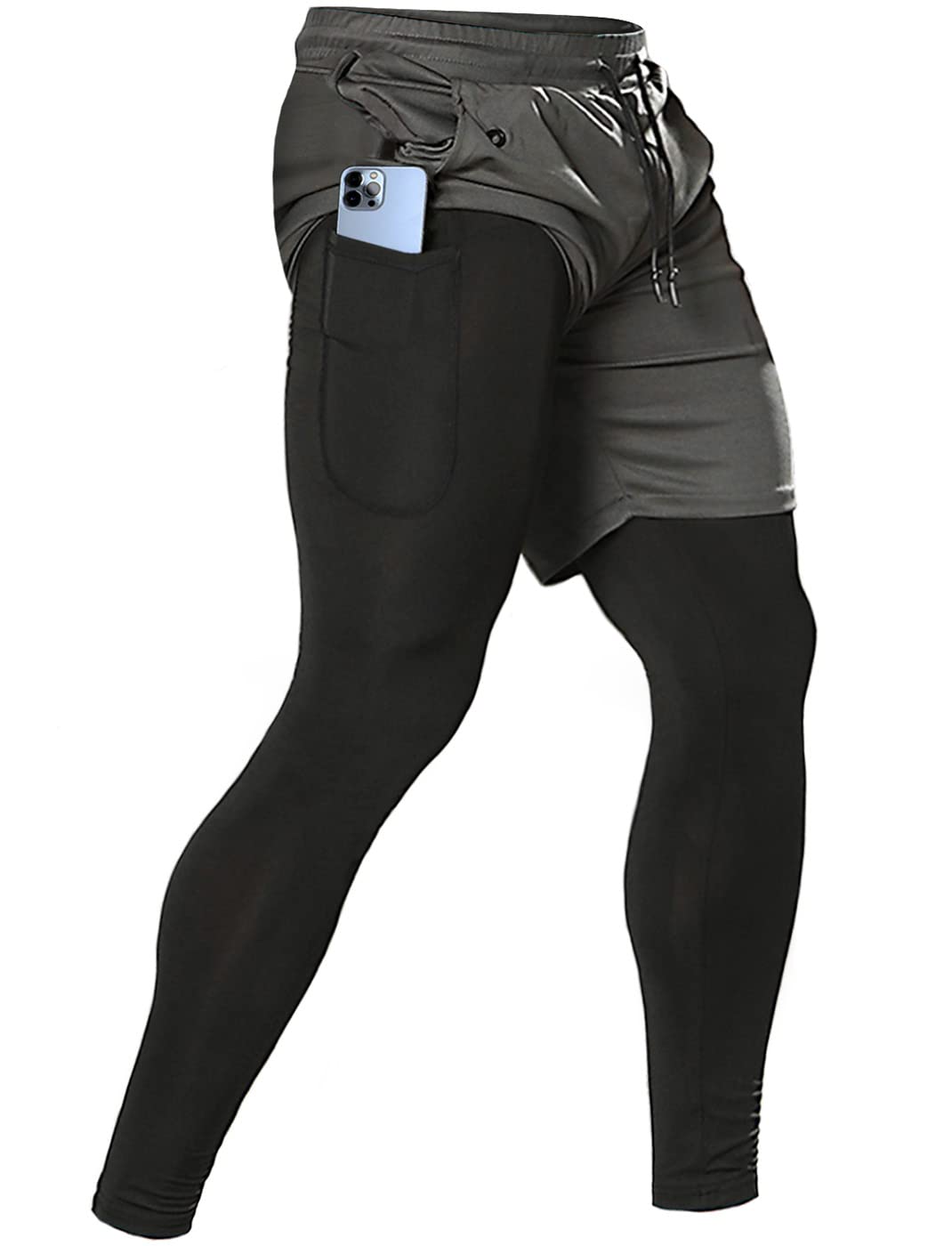 Men's 2 in 1 Running Pants, Gym Workout Compression Pants