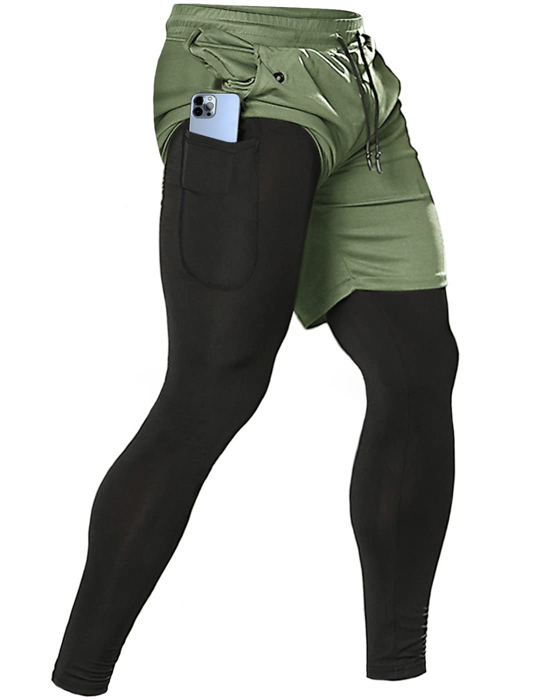 Men's 2 in 1 Running Pants, Gym Workout Compression Pants