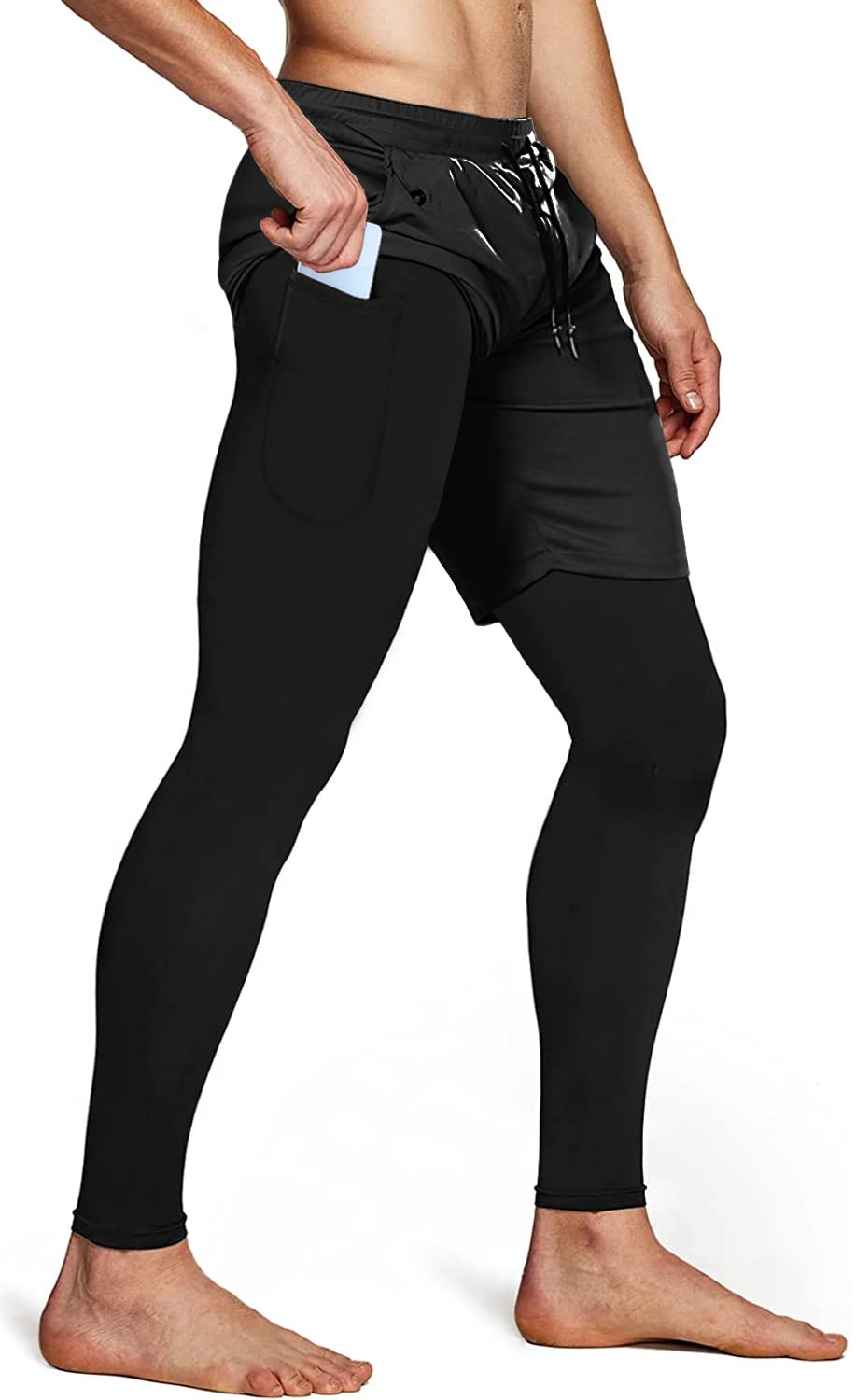 Men's 2 in 1 Running Pants, Gym Workout Compression Pants