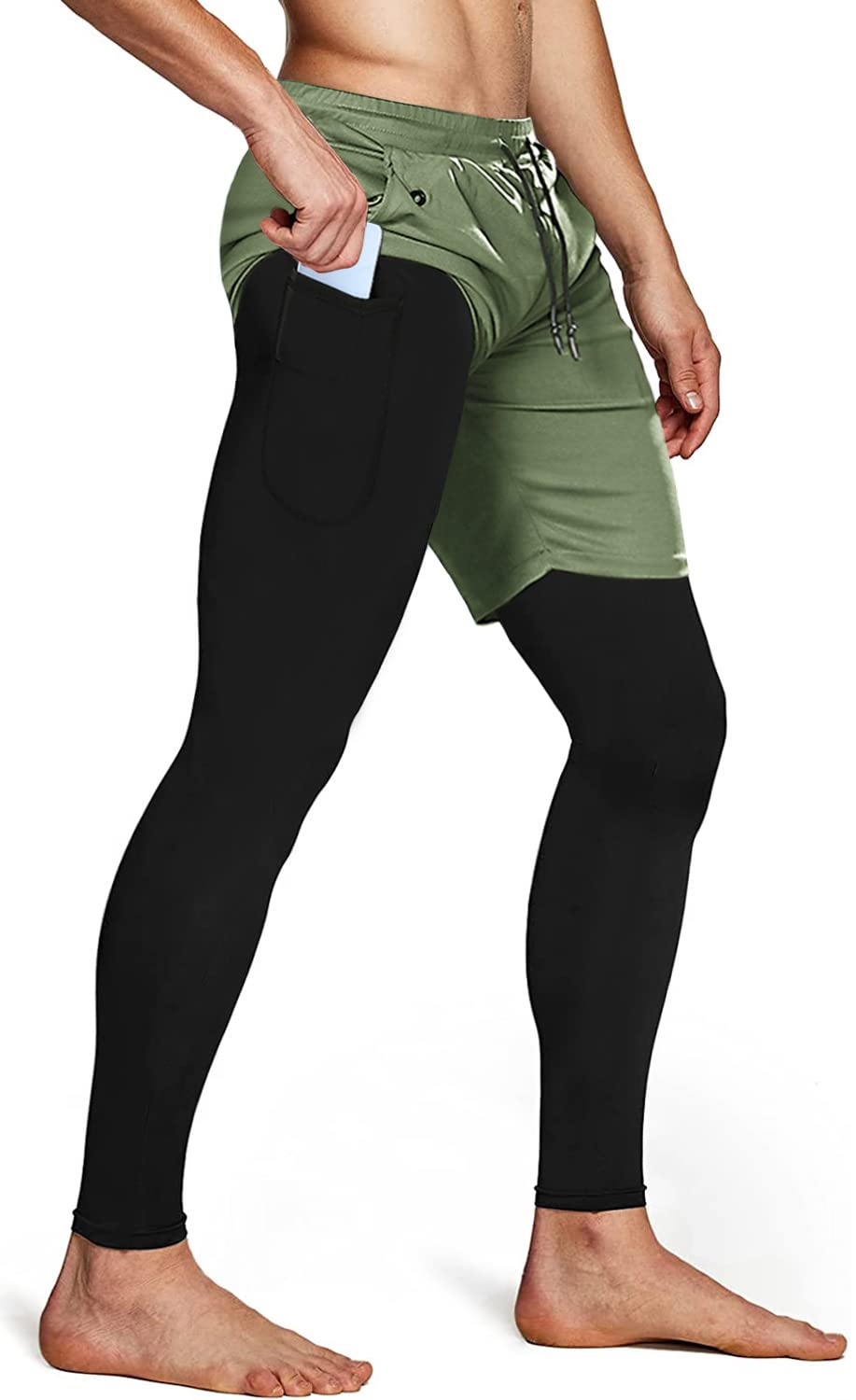 Men's 2 in 1 Running Pants, Gym Workout Compression Pants