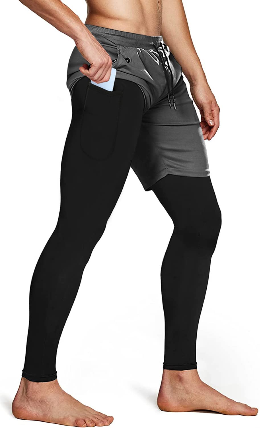 Men's 2 in 1 Running Pants, Gym Workout Compression Pants