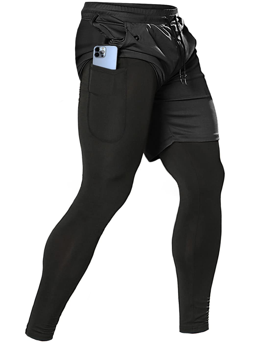 Men's 2 in 1 Running Pants, Gym Workout Compression Pants
