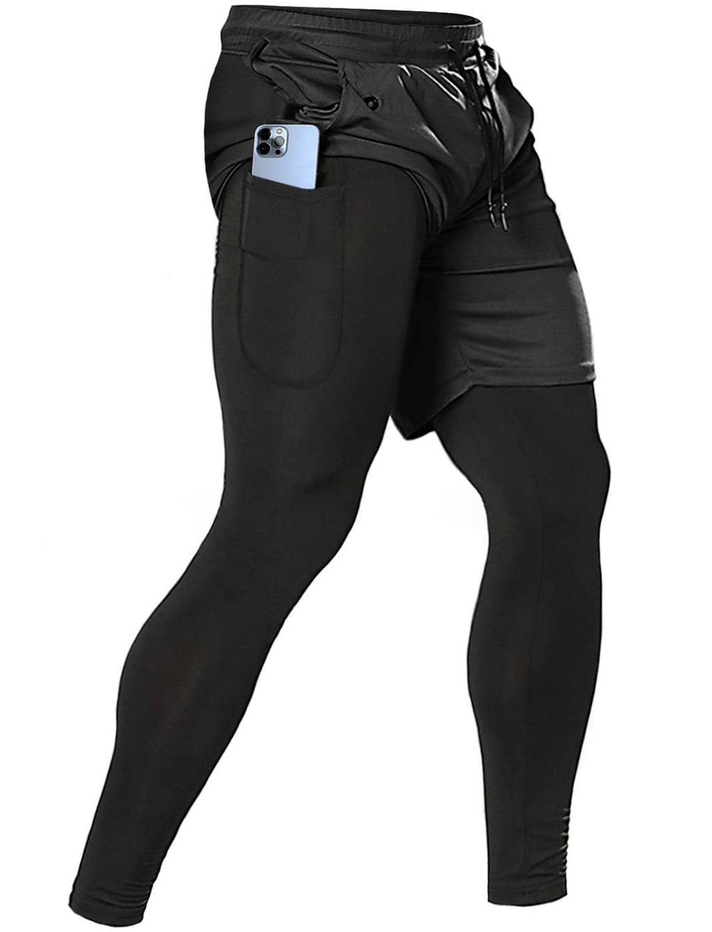 Men's 2 in 1 Running Pants, Gym Workout Compression Pants