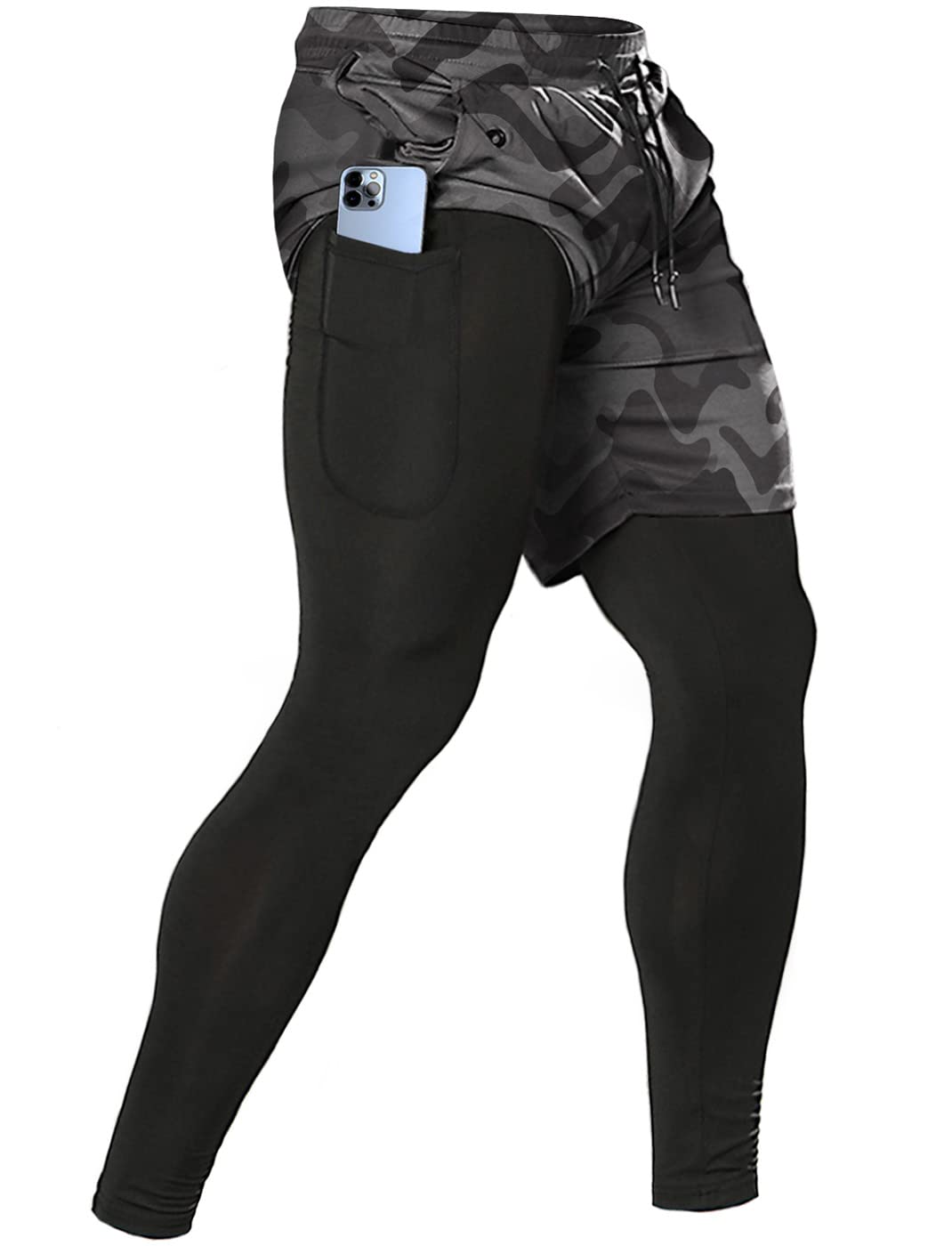 Men's 2 in 1 Running Pants, Gym Workout Compression Pants