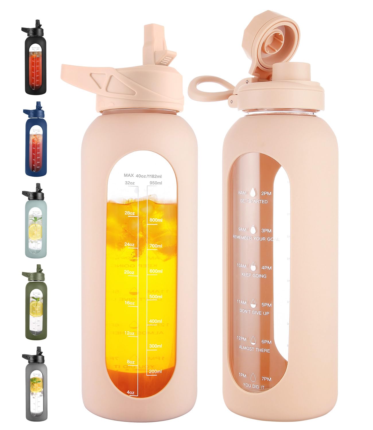 40 oz Glass Water Bottle with Straw and Handle