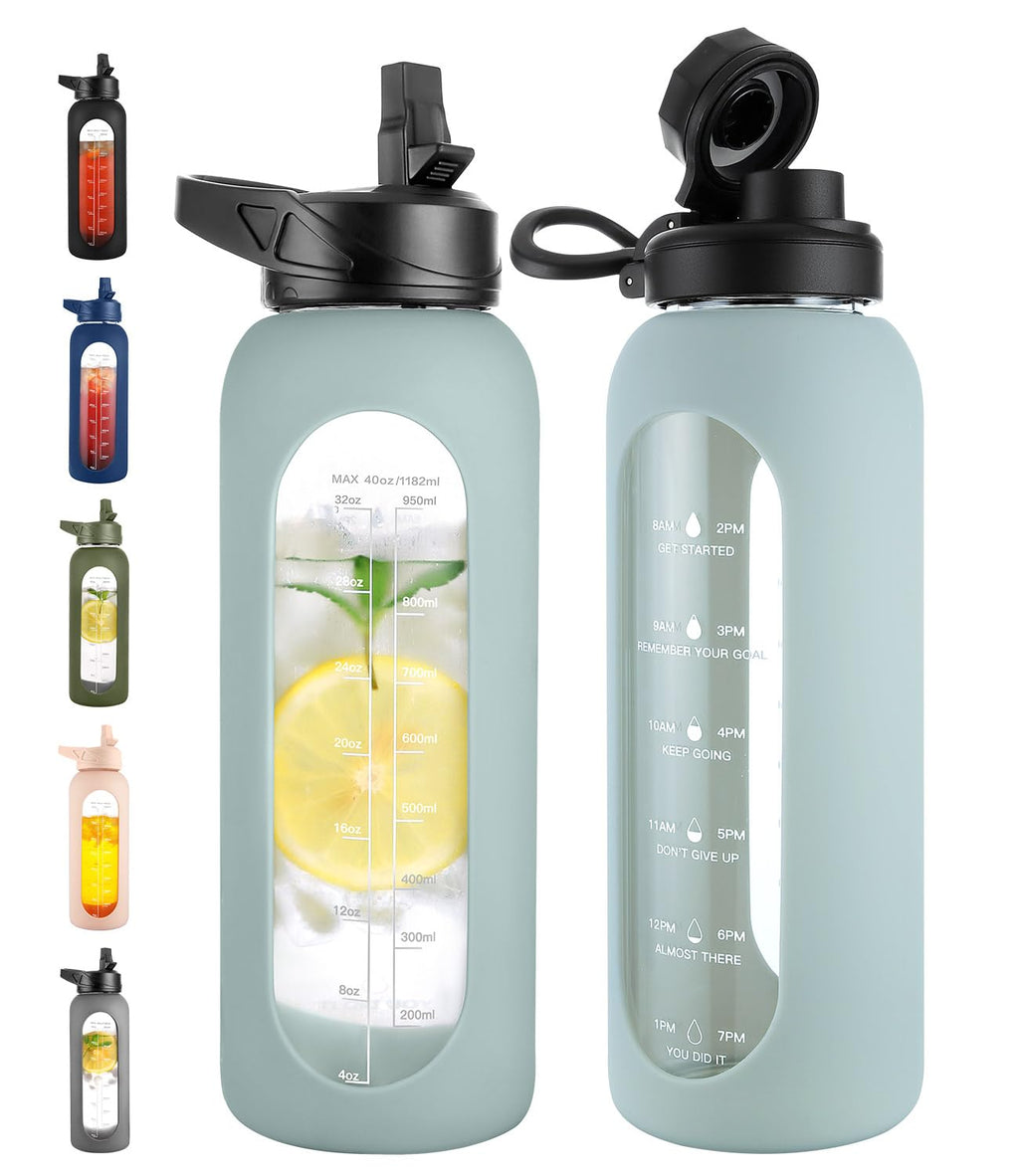 40 oz Glass Water Bottle with Straw and Handle