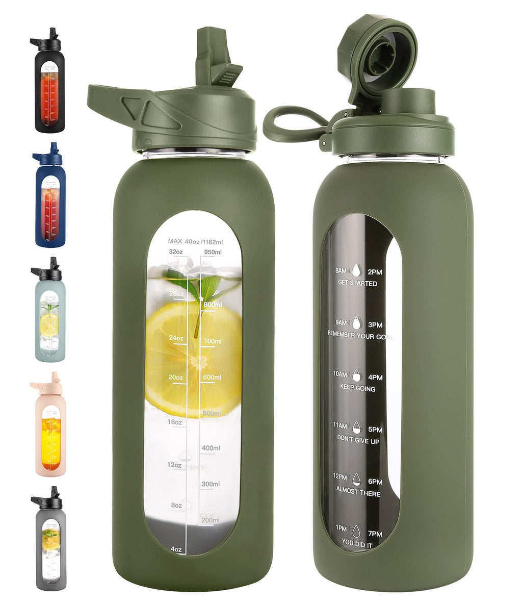 40 oz Glass Water Bottle with Straw and Handle