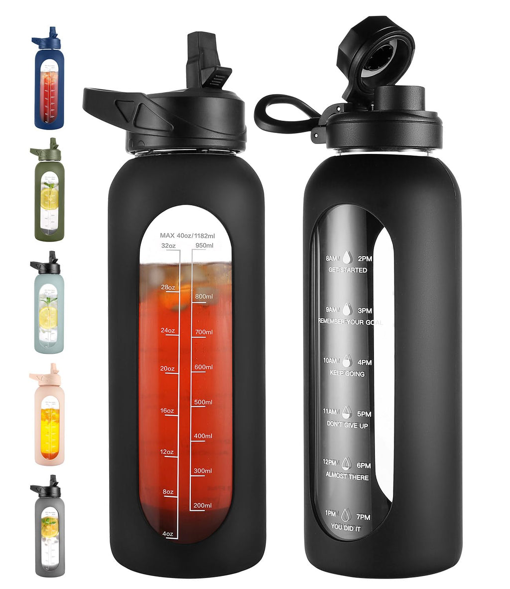 40 oz Glass Water Bottle with Straw and Handle