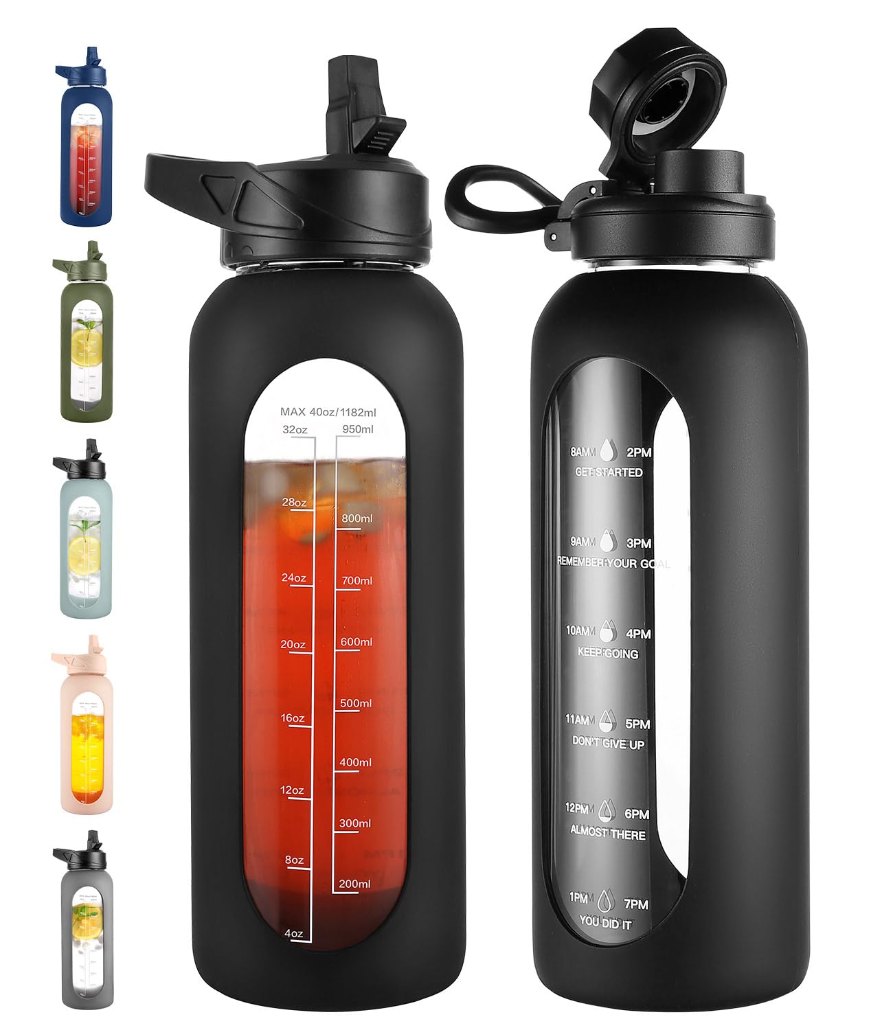 40 oz Glass Water Bottle with Straw and Handle