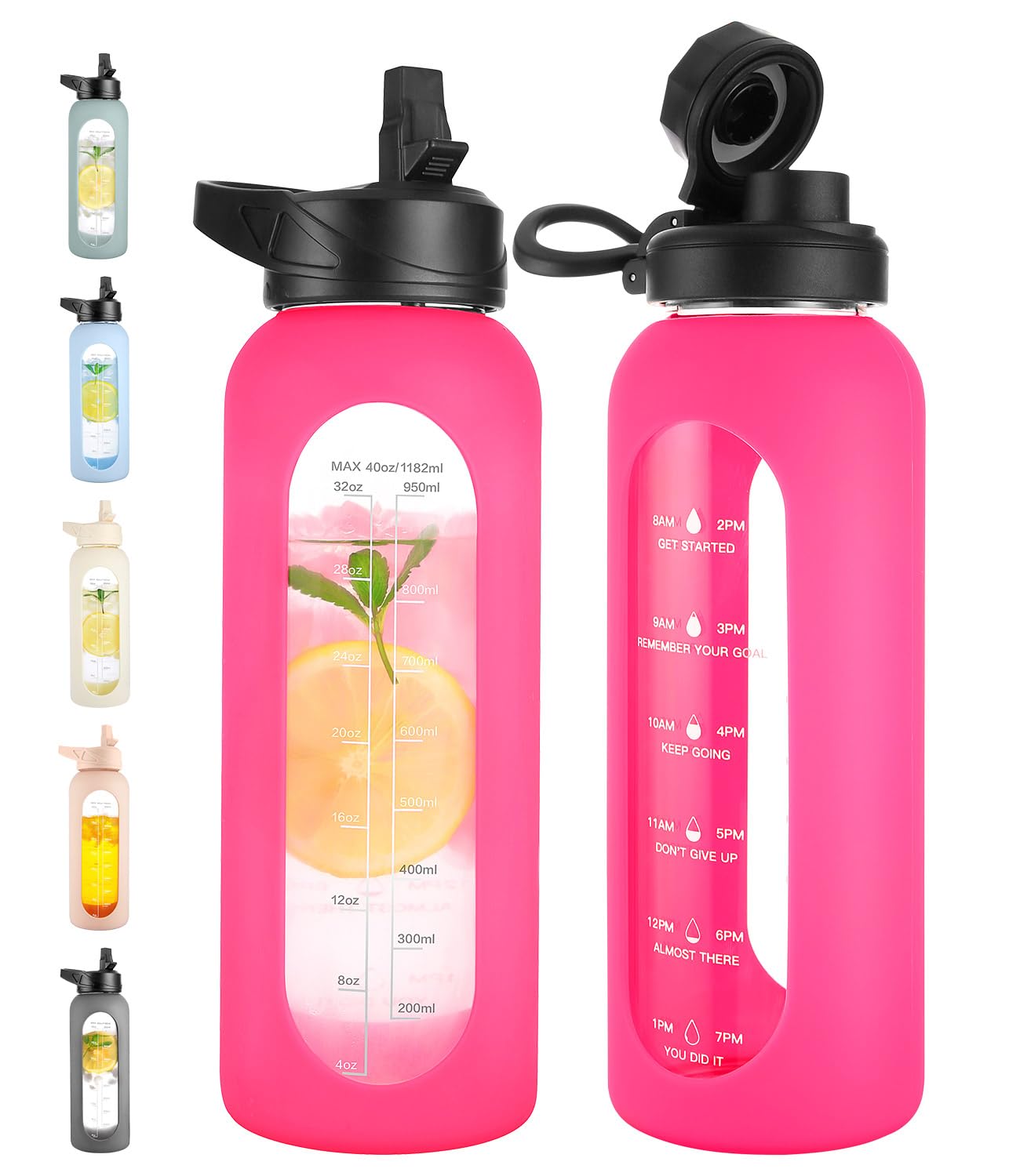 40 oz Glass Water Bottle with Straw and Handle