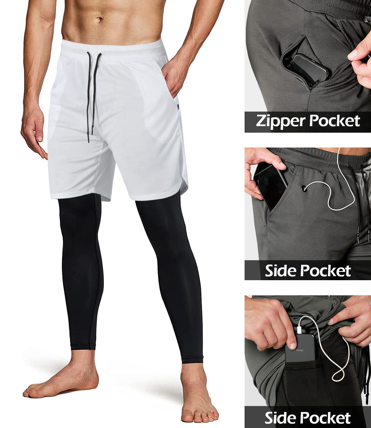 Men's 2 in 1 Running Pants, Gym Workout Compression Pants