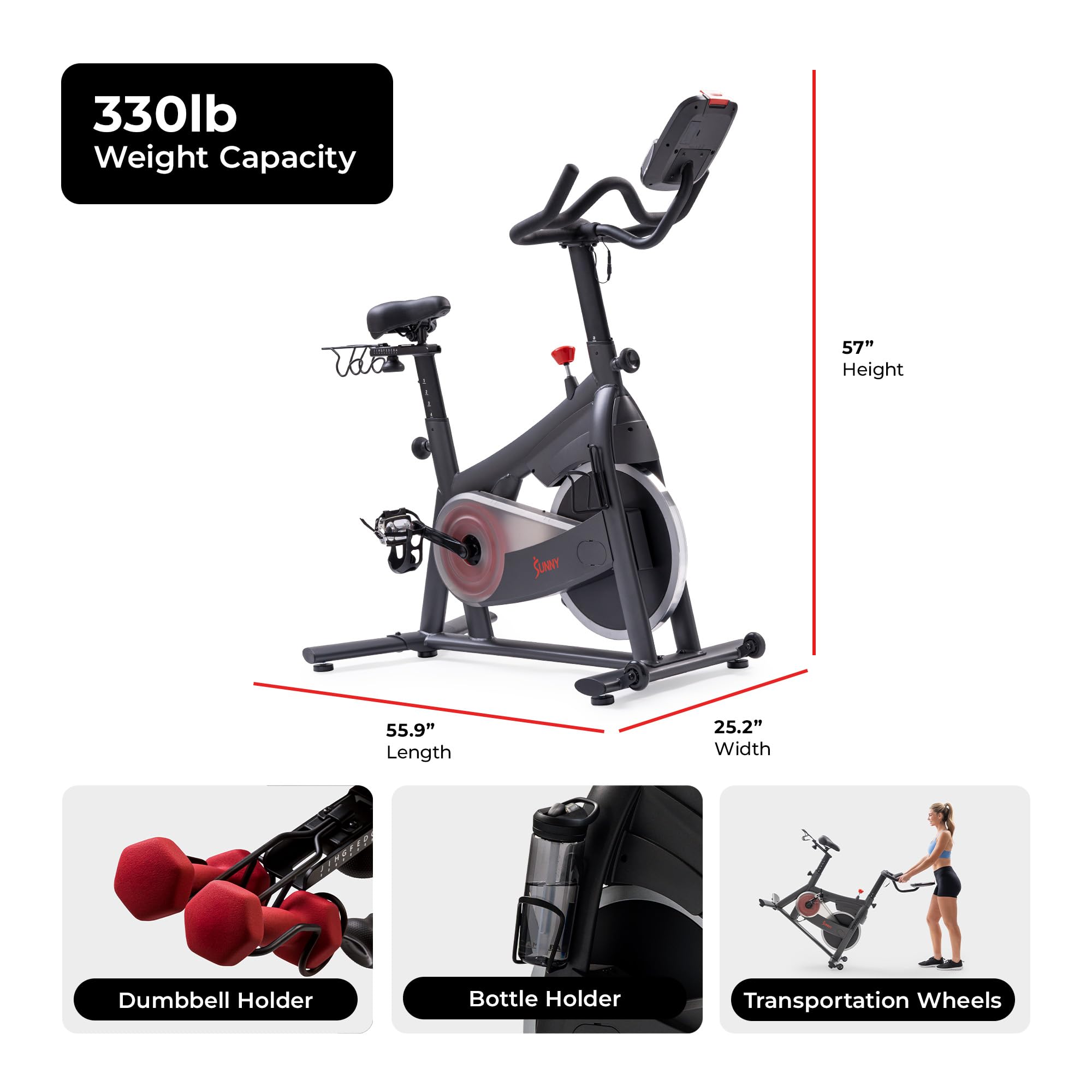 Fitness Smart Magnetic Indoor Cycling Bike, Stationary Exercise Cardio Equipment, Free SunnyFit Training App