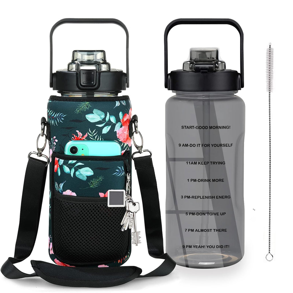 Half Gallon Water Bottle with Sleeve, 64OZ Motivational Water Bottle