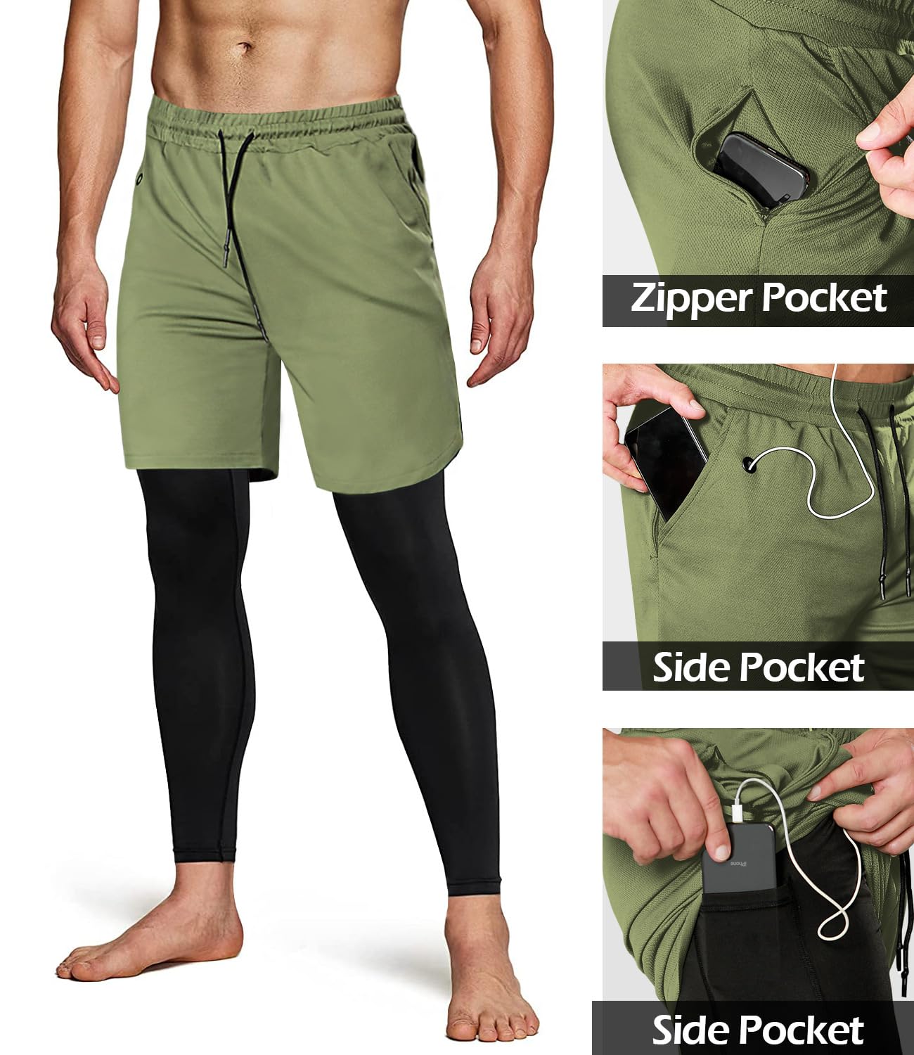 Men's 2 in 1 Running Pants, Gym Workout Compression Pants