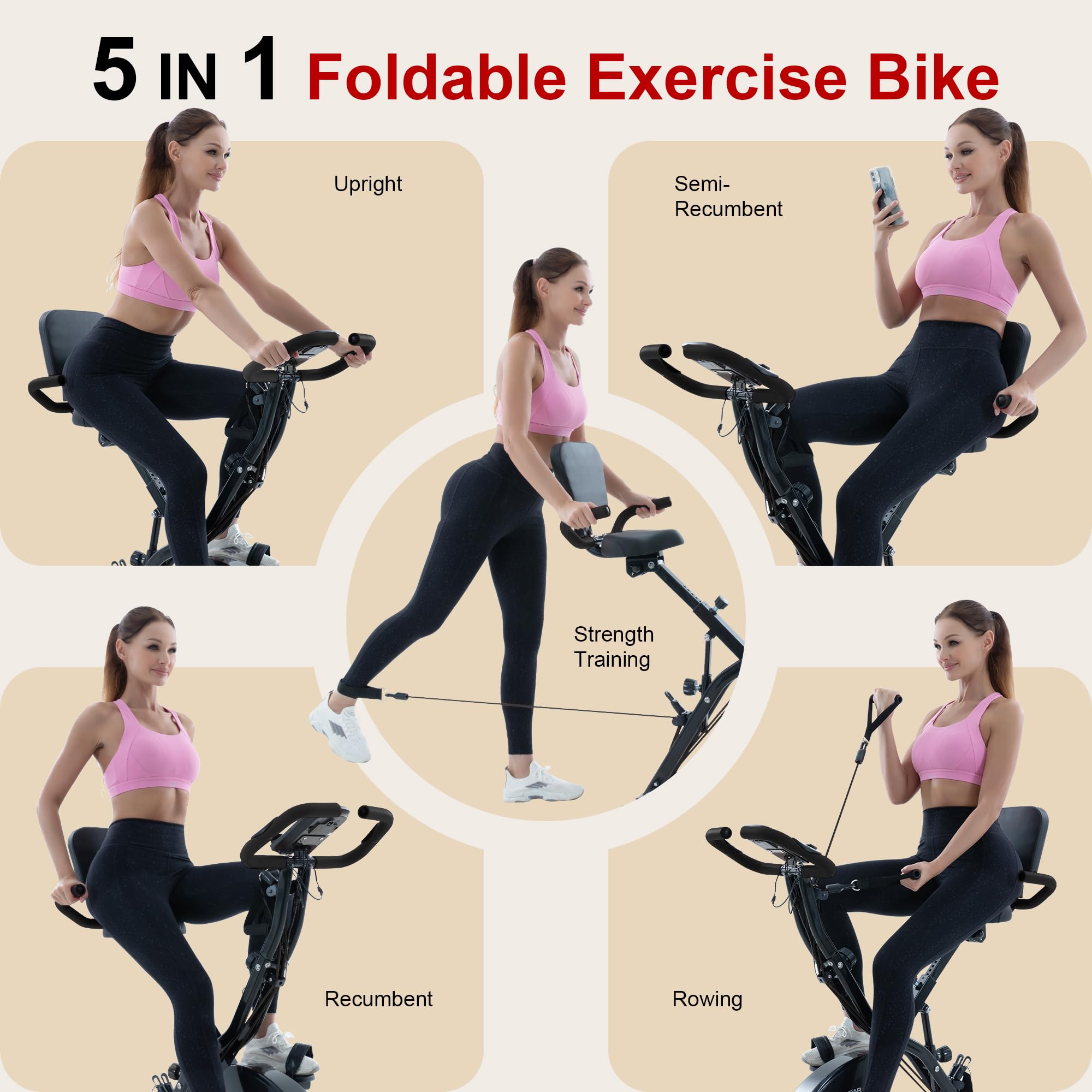 Stationary Exercise Bike for Home Workout, 5 IN 1 Foldable Indoor Cycling Bike