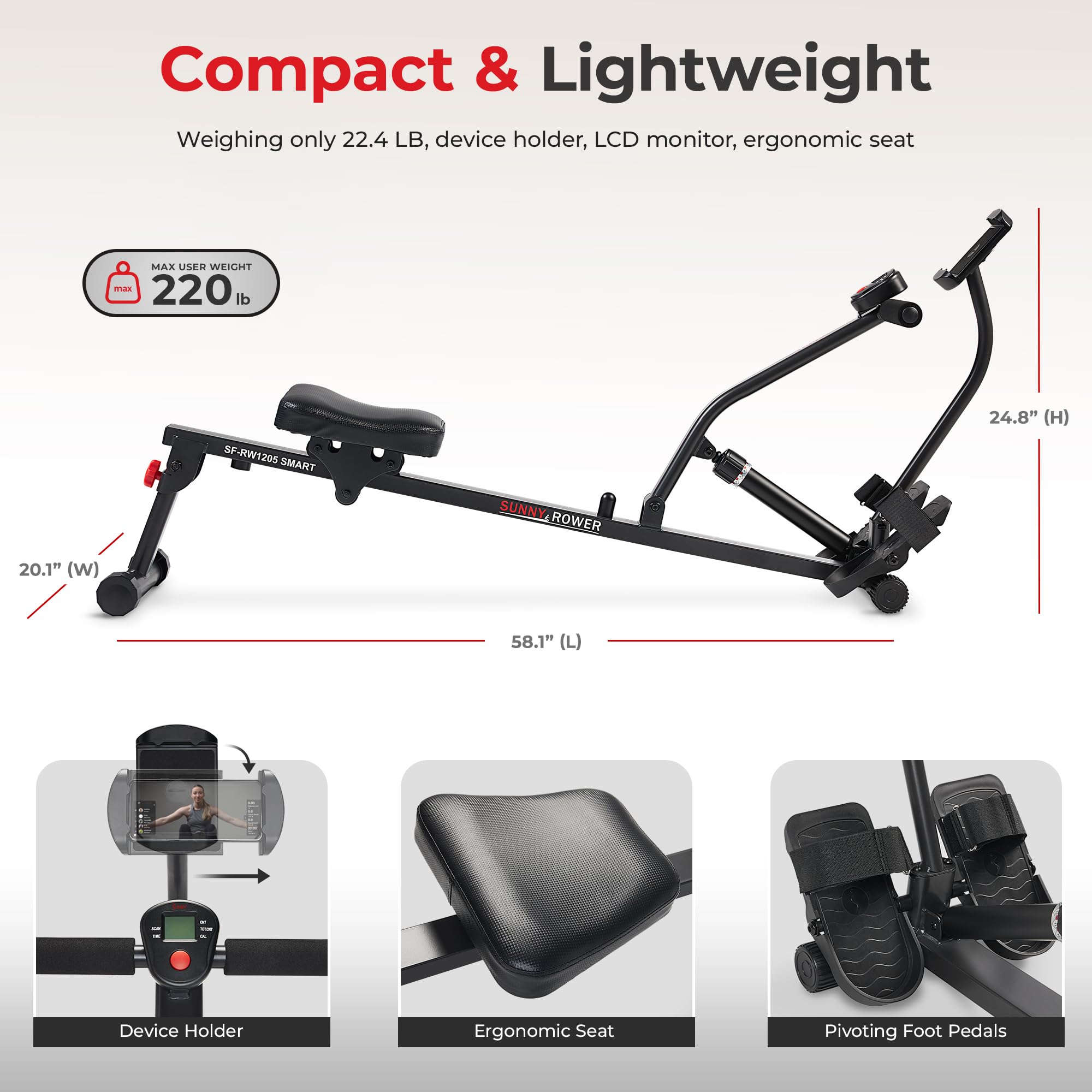 Fitness Compact Adjustable Rowing Machine with 12 Levels of Resistance for Complete Body Workouts