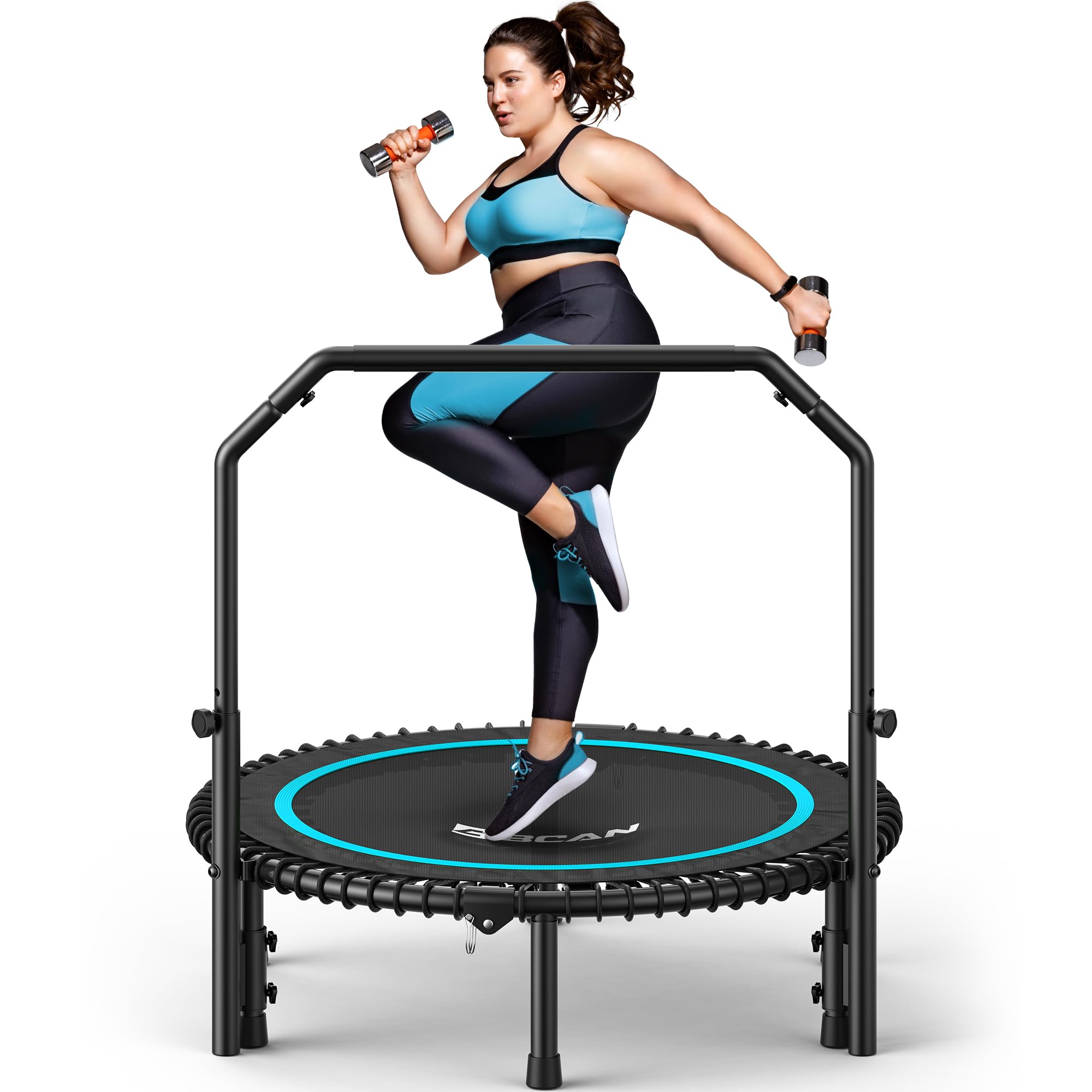 Mini Rebounder Trampoline for Adults with Bar, Fitness Trampoline with Bungees, Adjustable Handle