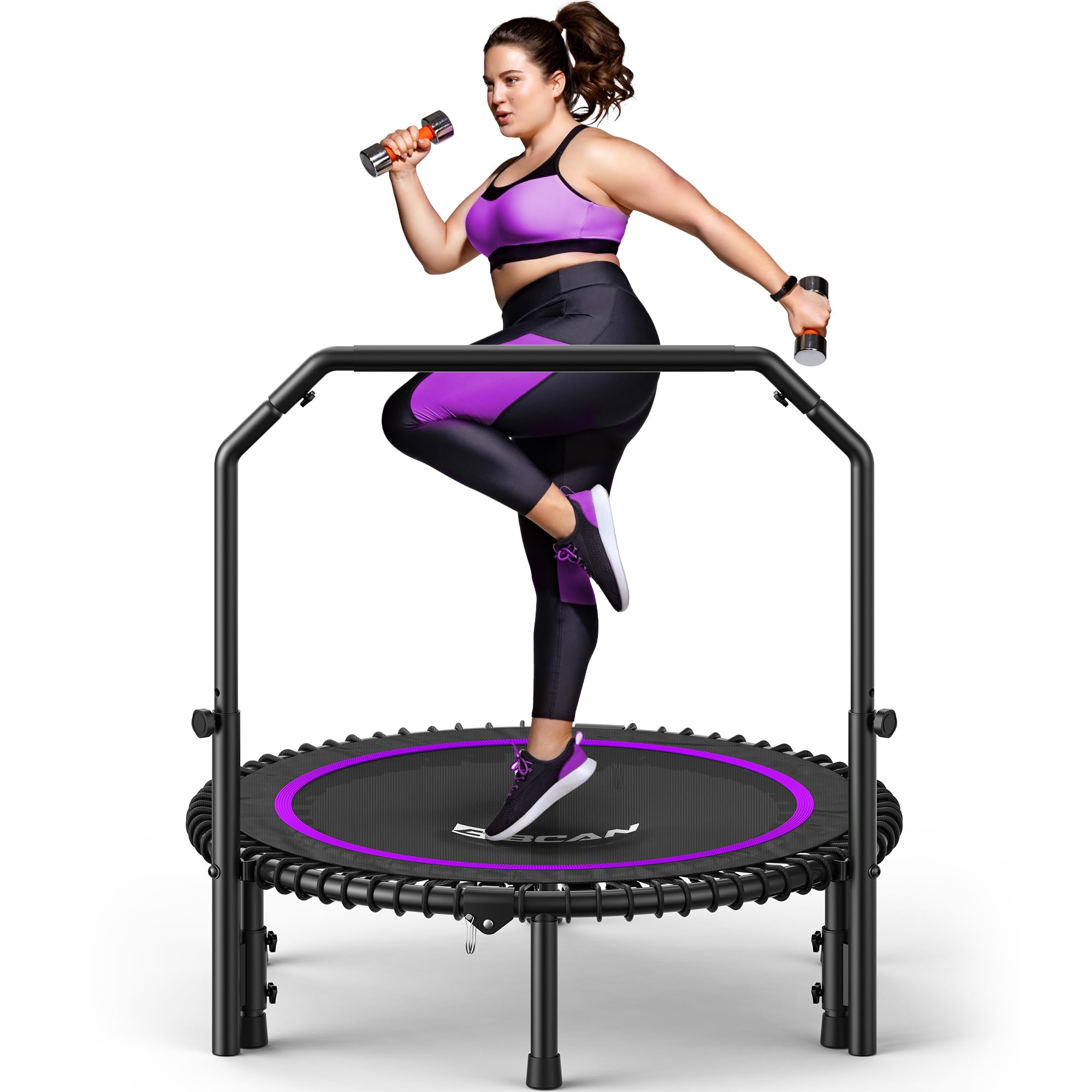 Mini Rebounder Trampoline for Adults with Bar, Fitness Trampoline with Bungees, Adjustable Handle