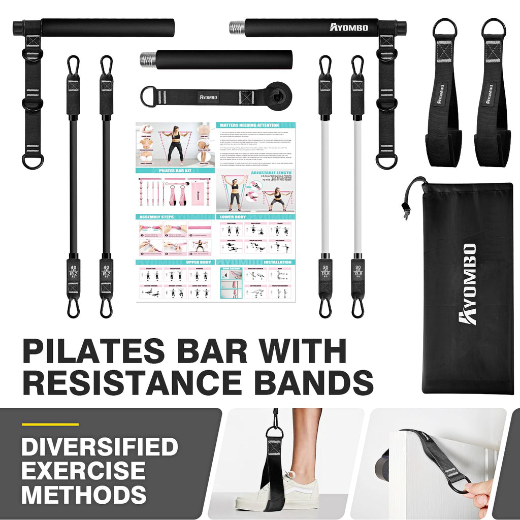 Pilates Bar Kit with Resistance Bands, Pilates Workout Equipment, Adjustable 3-Section Pilates Bar Kit for Women & Men