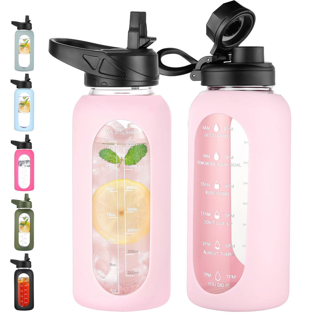 40 oz Glass Water Bottle with Straw and Handle