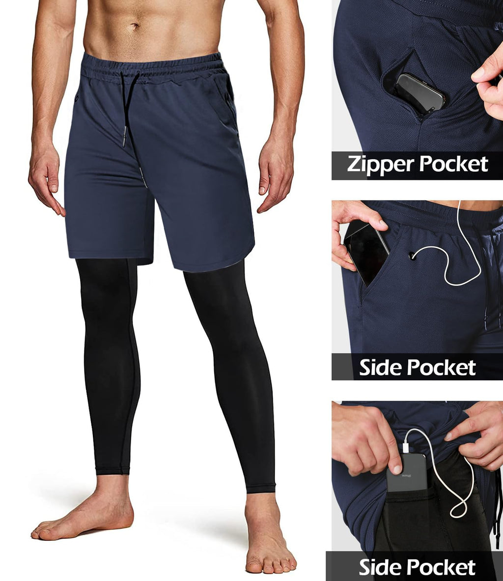 Men's 2 in 1 Running Pants, Gym Workout Compression Pants