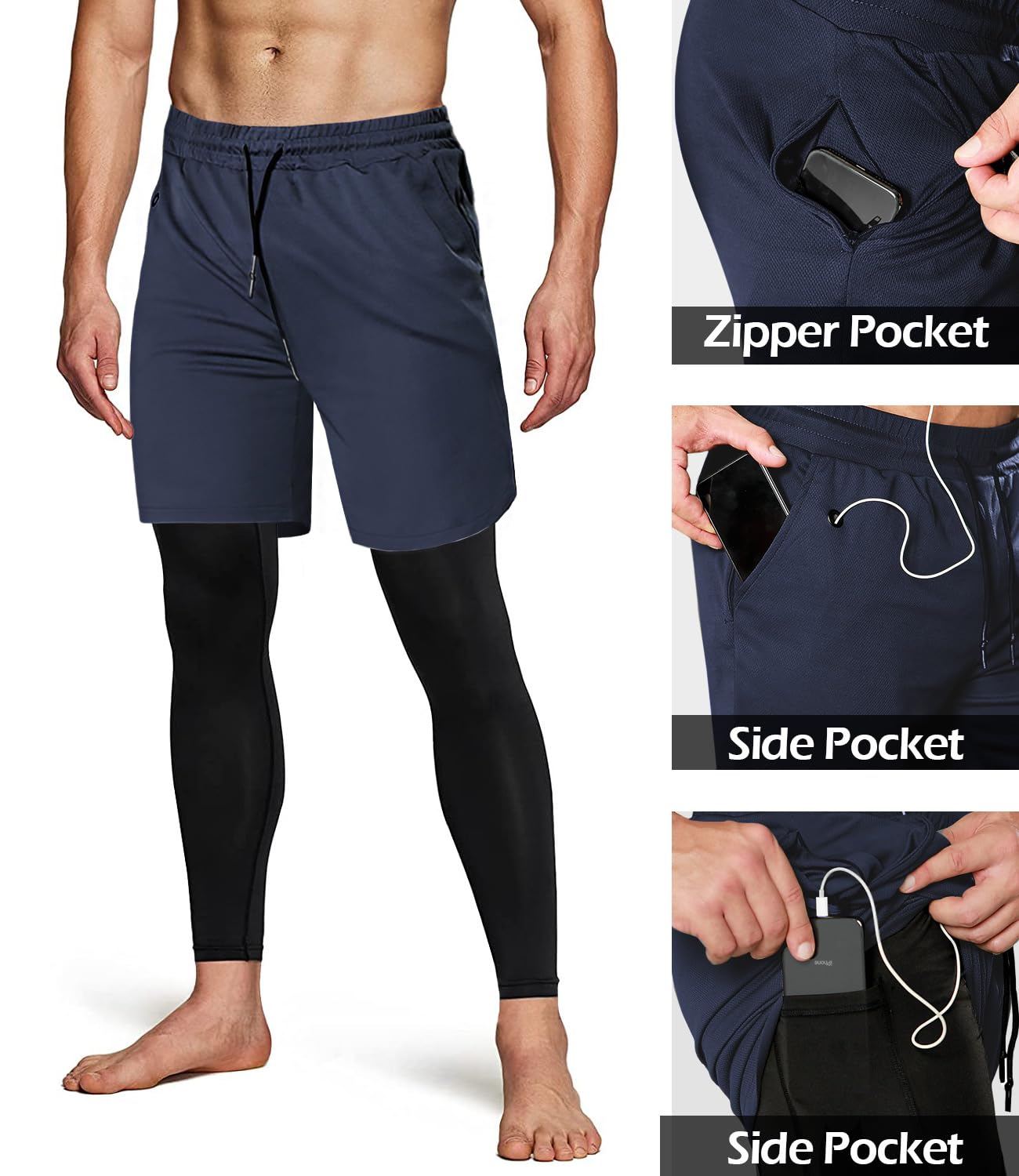 Men's 2 in 1 Running Pants, Gym Workout Compression Pants