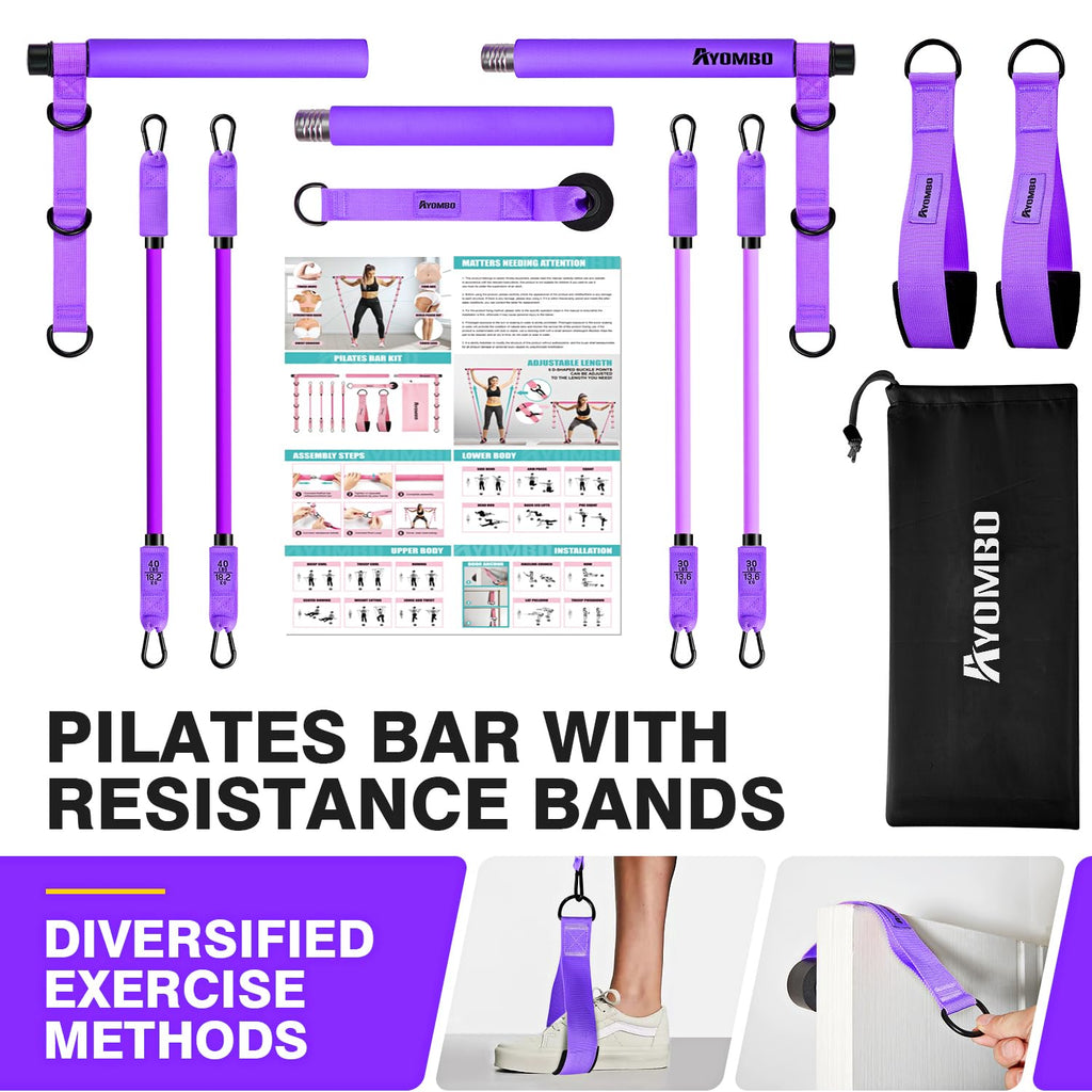 Pilates Bar Kit with Resistance Bands, Pilates Workout Equipment, Adjustable 3-Section Pilates Bar Kit for Women & Men