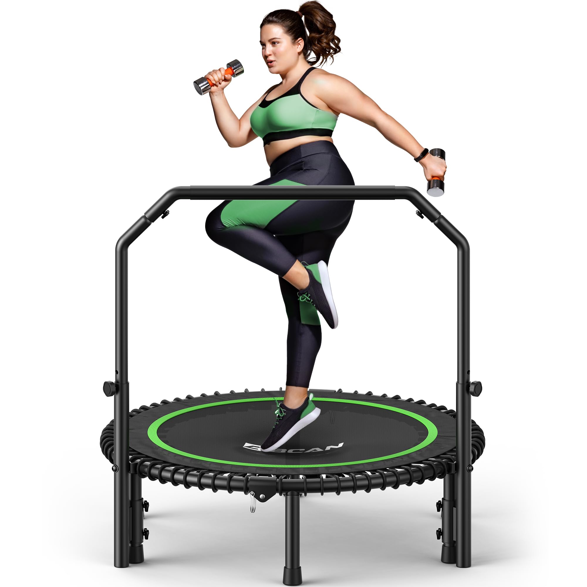 Mini Rebounder Trampoline for Adults with Bar, Fitness Trampoline with Bungees, Adjustable Handle