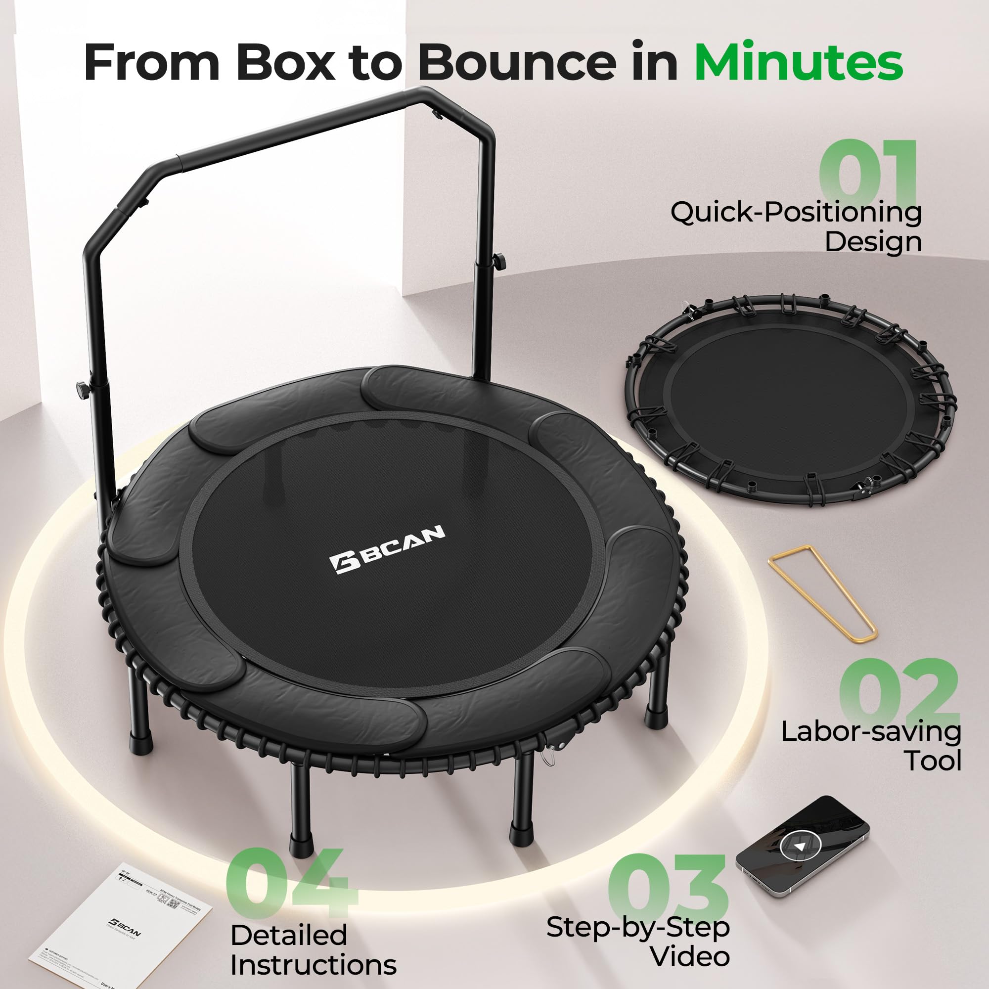 Mini Rebounder Trampoline for Adults with Bar, Fitness Trampoline with Bungees, Adjustable Handle