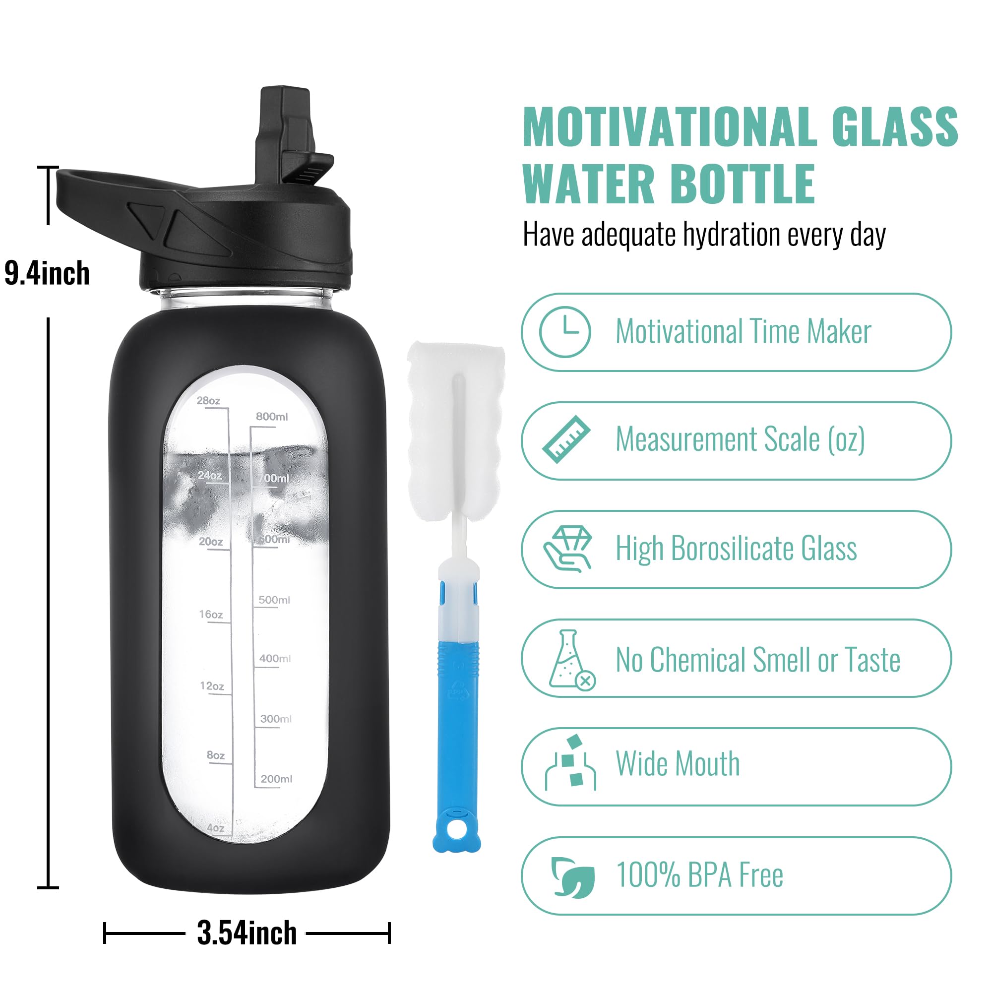 40 oz Glass Water Bottle with Straw and Handle
