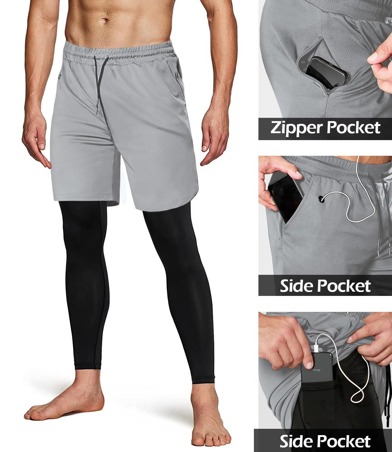 Men's 2 in 1 Running Pants, Gym Workout Compression Pants