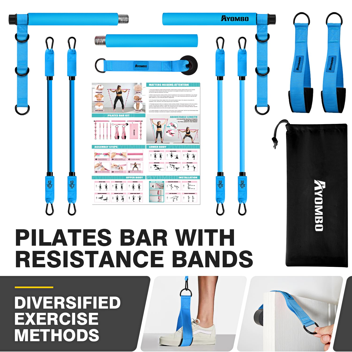 Pilates Bar Kit with Resistance Bands, Pilates Workout Equipment, Adjustable 3-Section Pilates Bar Kit for Women & Men
