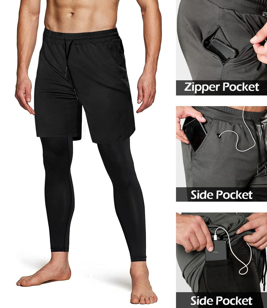 Men's 2 in 1 Running Pants, Gym Workout Compression Pants