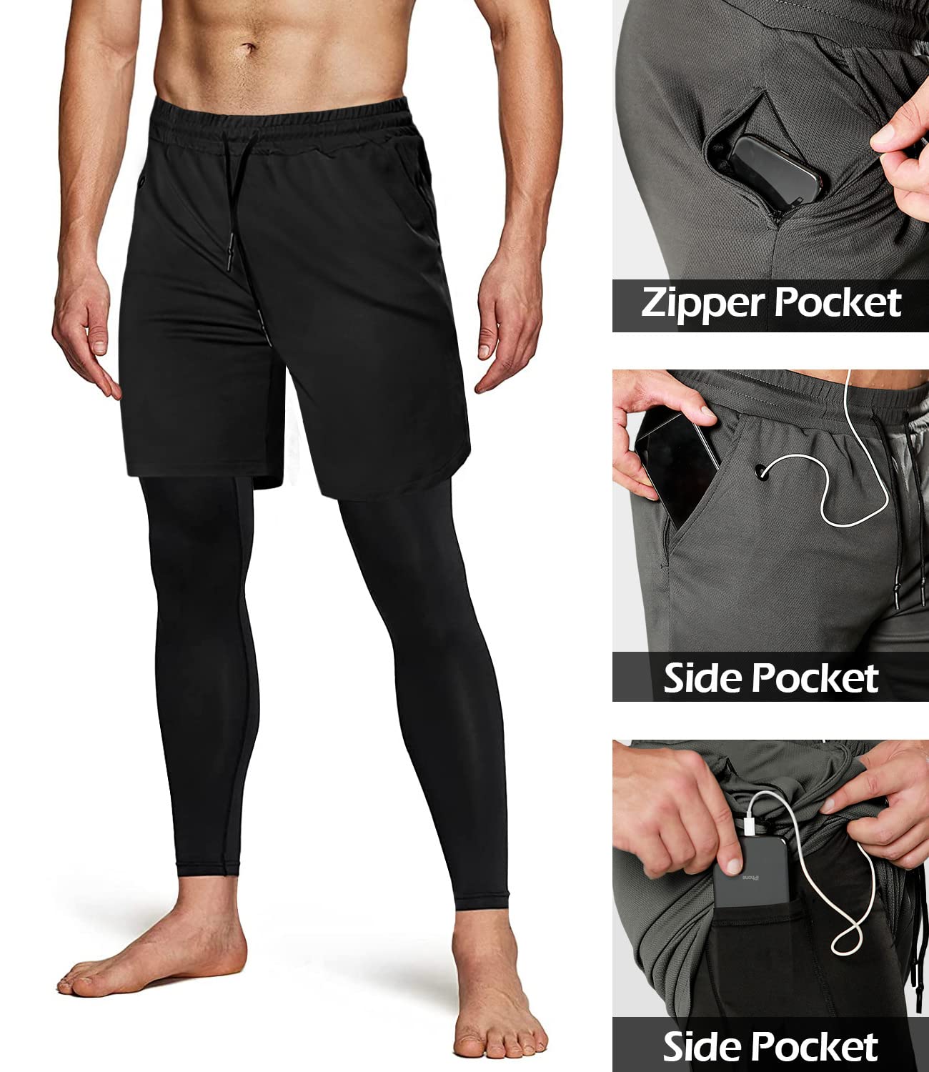 Men's 2 in 1 Running Pants, Gym Workout Compression Pants