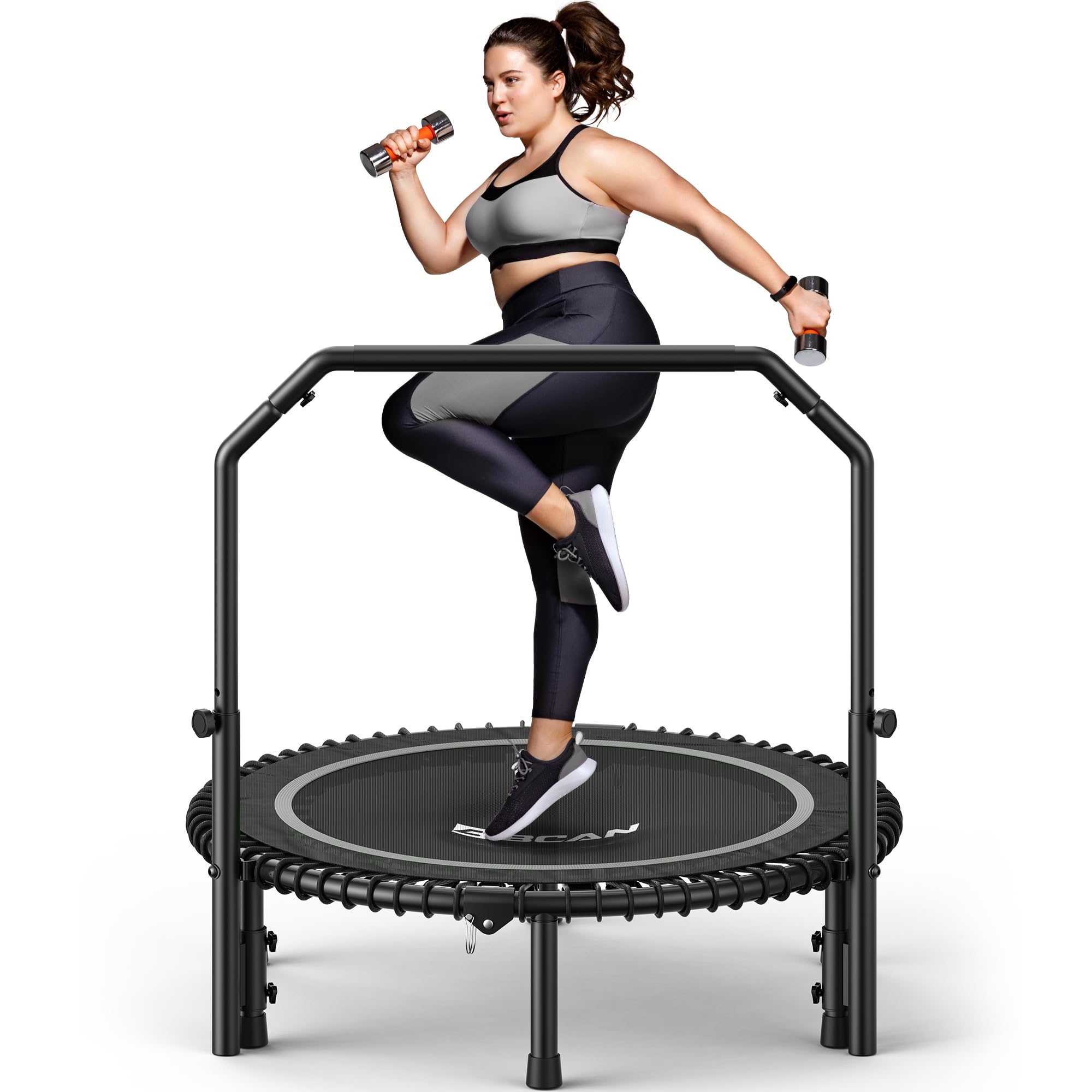 Mini Rebounder Trampoline for Adults with Bar, Fitness Trampoline with Bungees, Adjustable Handle