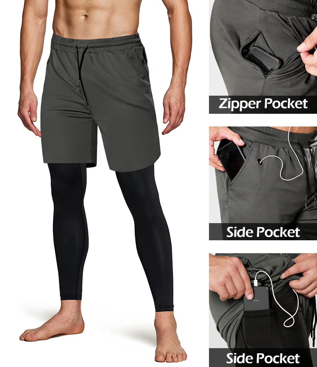 Men's 2 in 1 Running Pants, Gym Workout Compression Pants