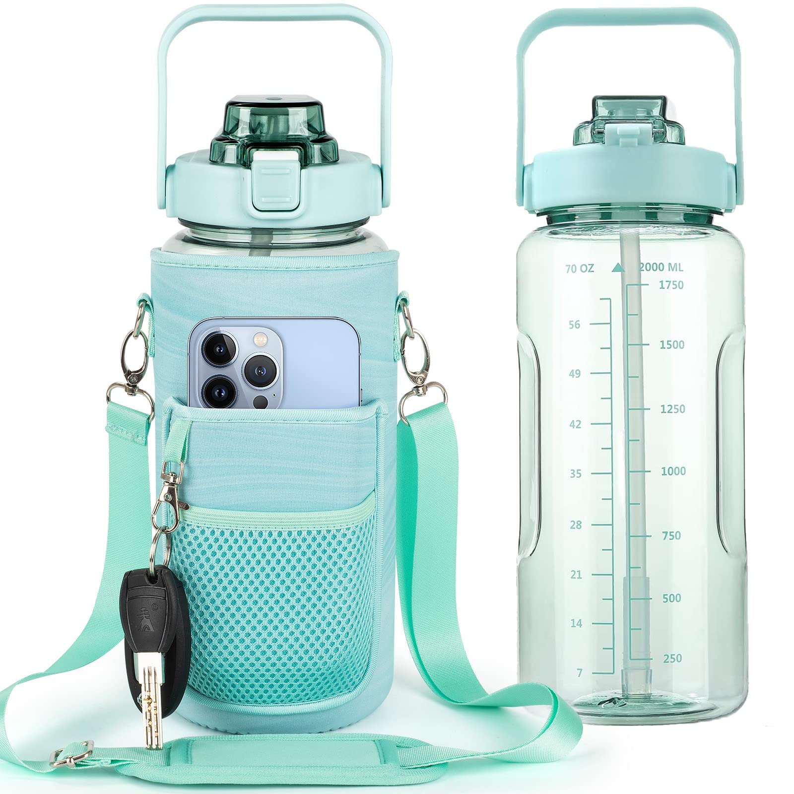 Half Gallon Water Bottle with Sleeve, 64OZ Motivational Water Bottle