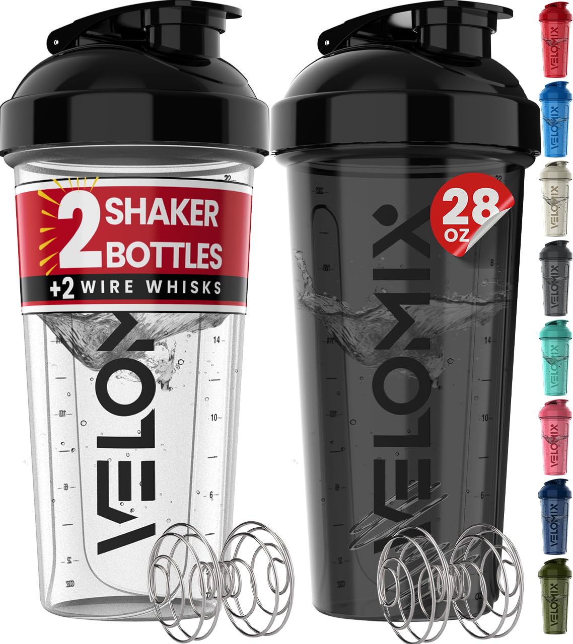 2 Pack- 28 oz Protein Shaker Bottles for Protein Mixes - 2x Wire Whisk | Leak Proof Shaker Cups for Protein Shakes