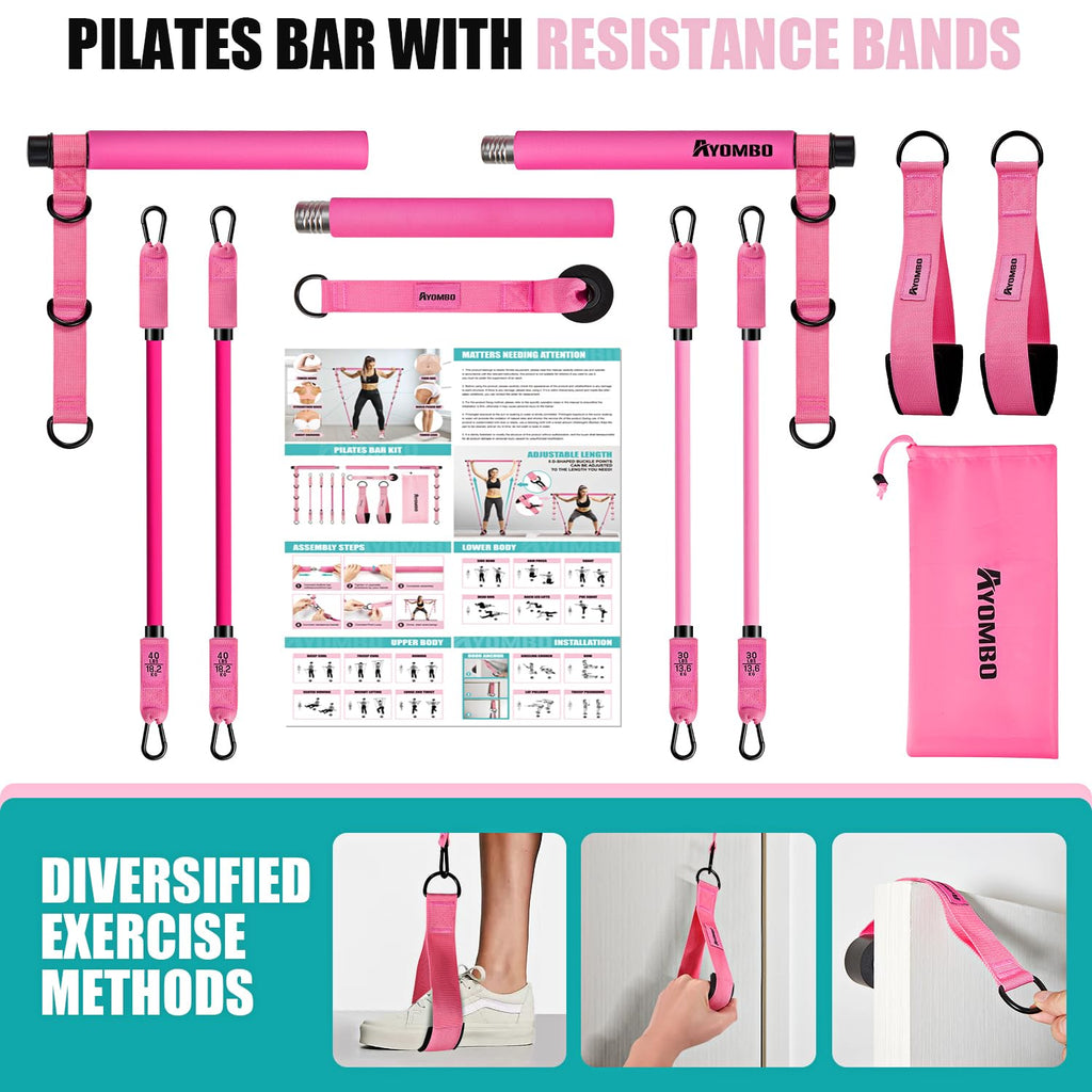 Pilates Bar Kit with Resistance Bands, Pilates Workout Equipment, Adjustable 3-Section Pilates Bar Kit for Women & Men
