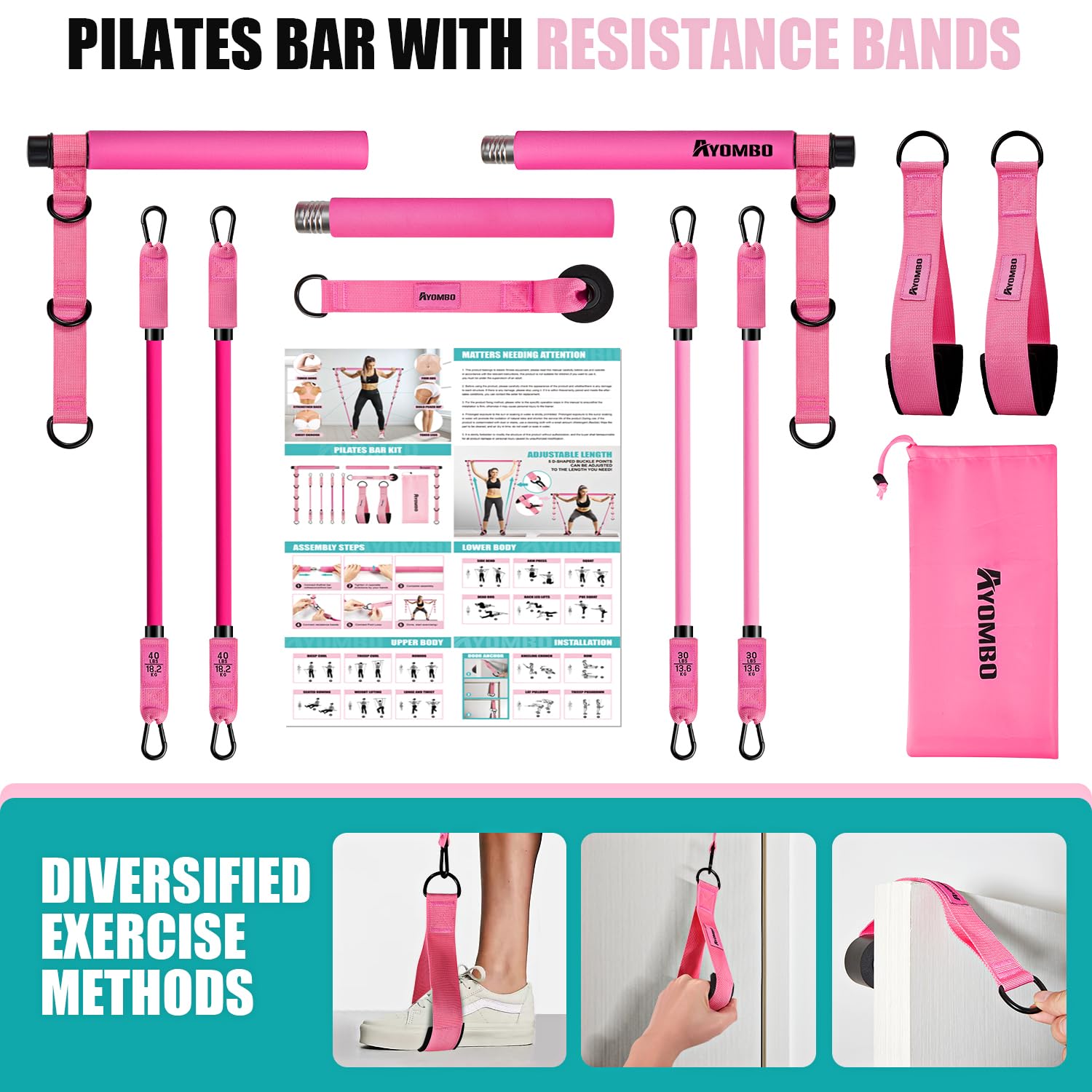 Pilates Bar Kit with Resistance Bands, Pilates Workout Equipment, Adjustable 3-Section Pilates Bar Kit for Women & Men
