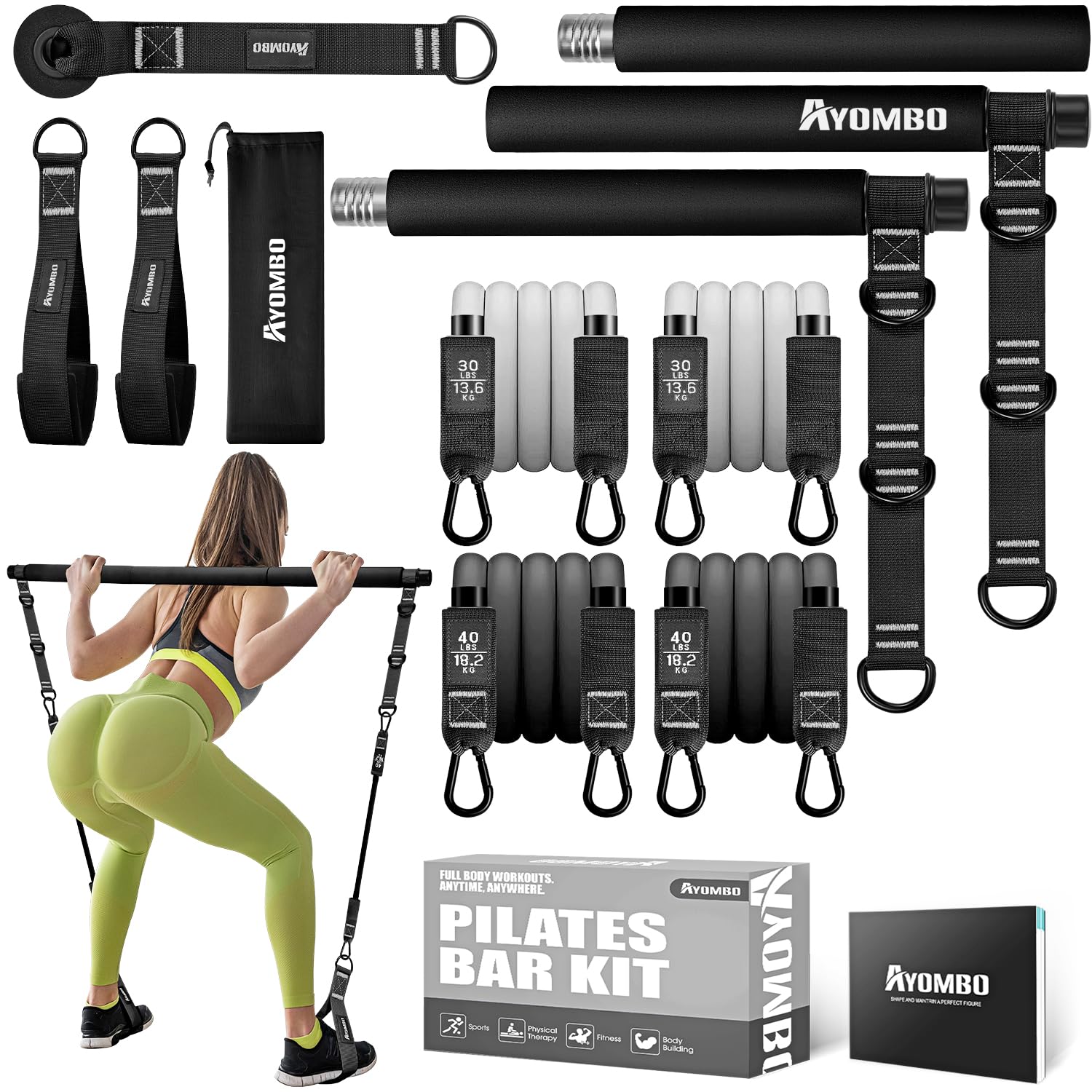 Pilates Bar Kit with Resistance Bands, Pilates Workout Equipment, Adjustable 3-Section Pilates Bar Kit for Women & Men
