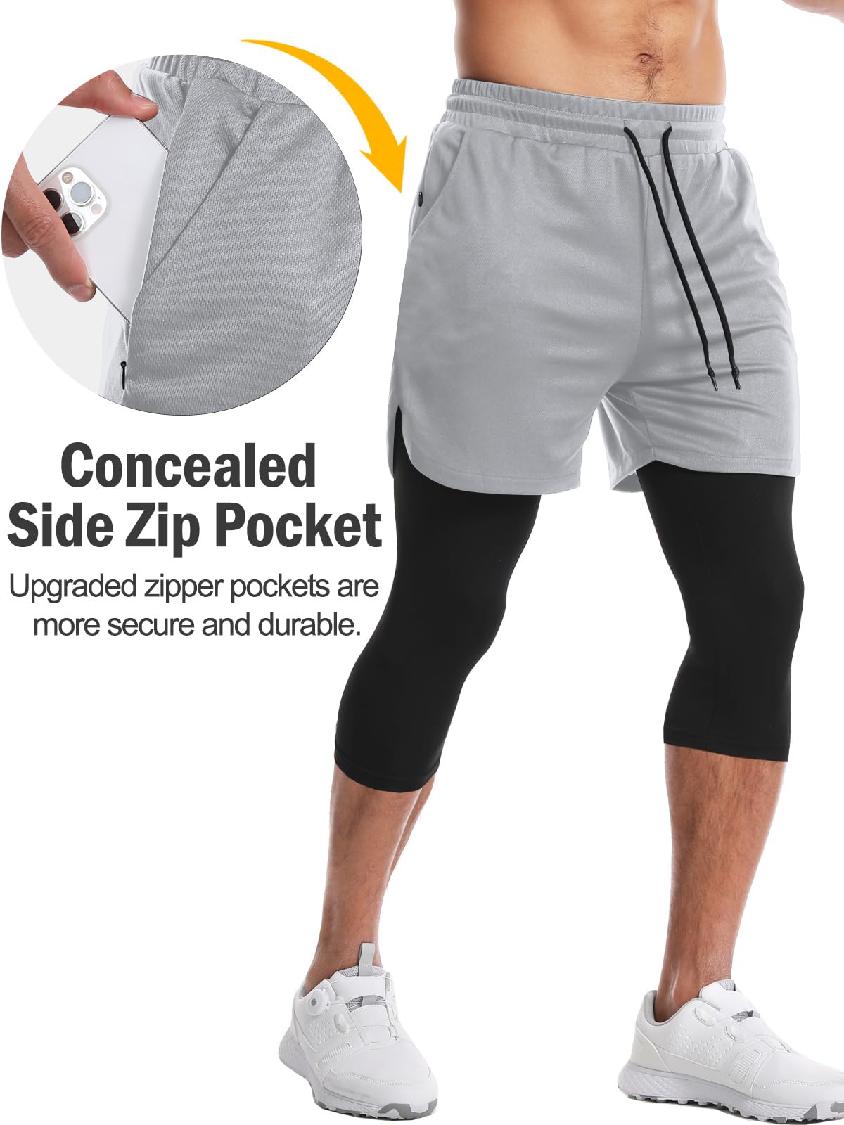 Men's 2 in 1 Running Pants, Gym Workout Compression Pants