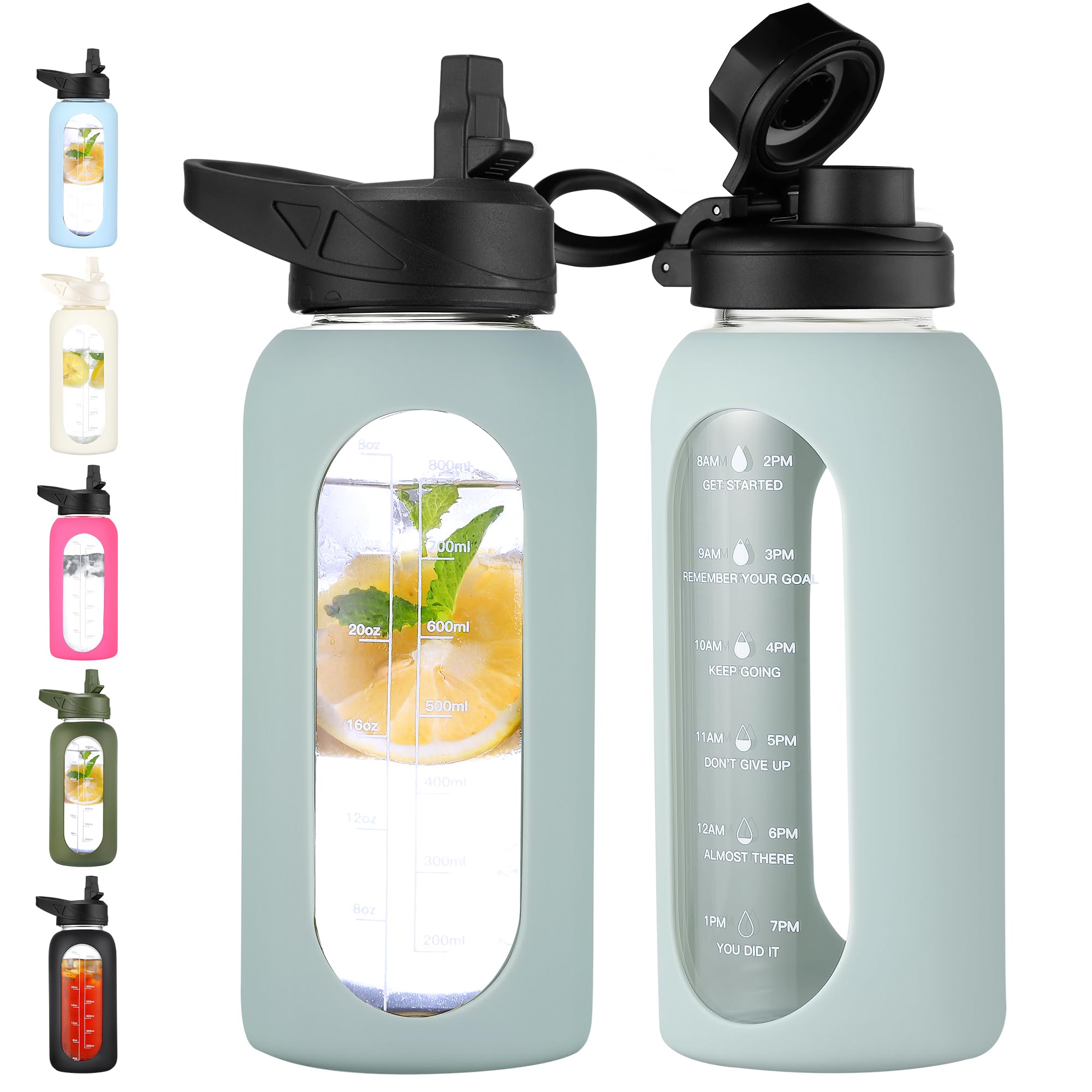 40 oz Glass Water Bottle with Straw and Handle