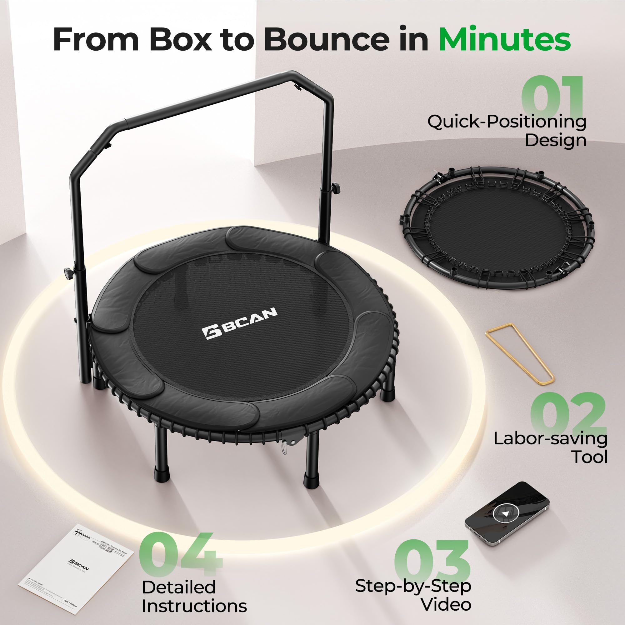 Mini Rebounder Trampoline for Adults with Bar, Fitness Trampoline with Bungees, Adjustable Handle