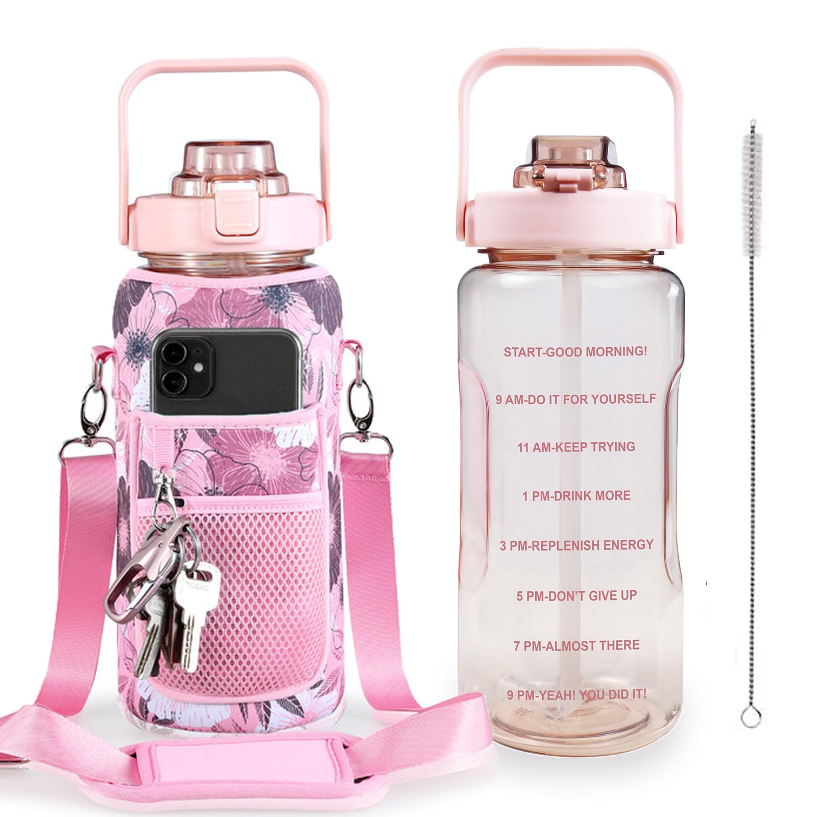 Half Gallon Water Bottle with Sleeve, 64OZ Motivational Water Bottle