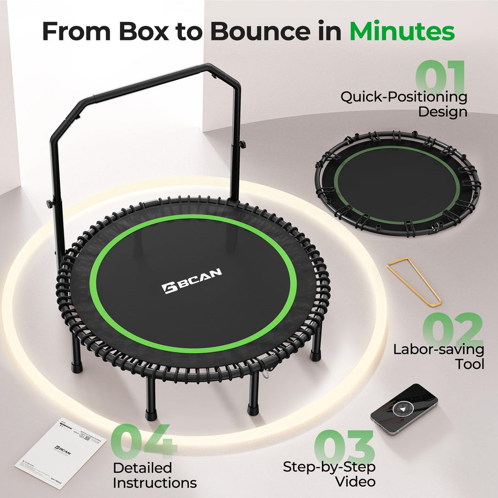 Mini Rebounder Trampoline for Adults with Bar, Fitness Trampoline with Bungees, Adjustable Handle