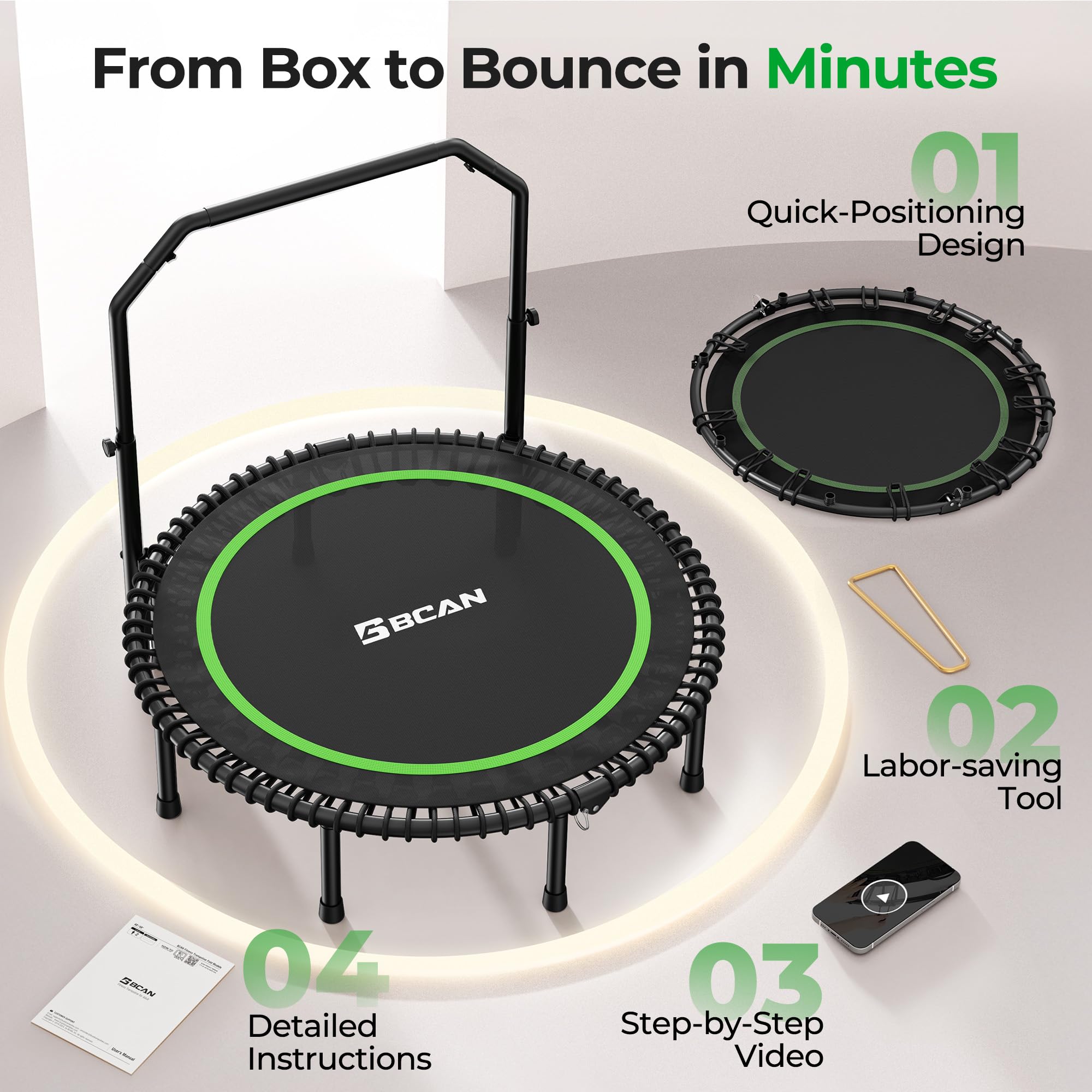 Mini Rebounder Trampoline for Adults with Bar, Fitness Trampoline with Bungees, Adjustable Handle