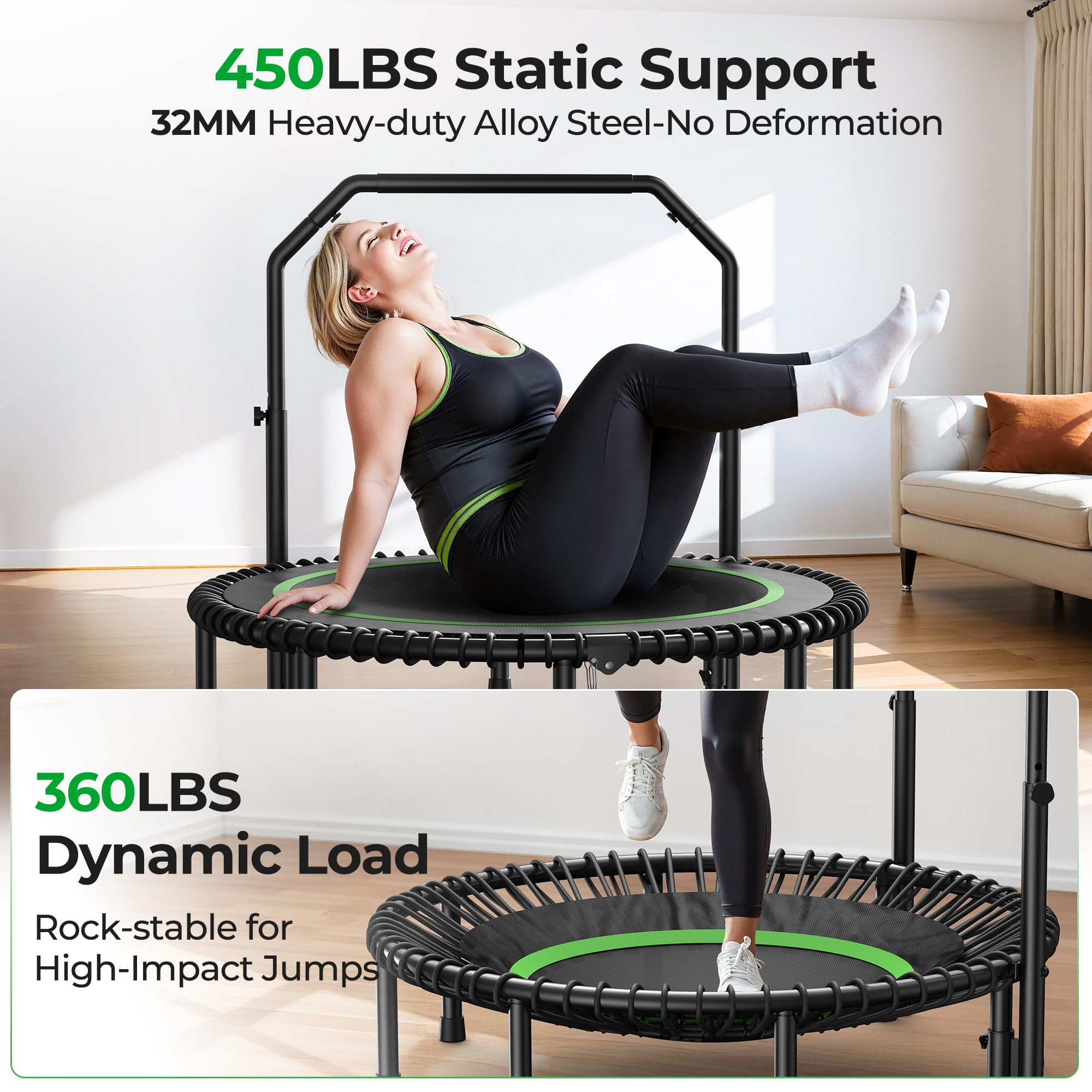 Mini Rebounder Trampoline for Adults with Bar, Fitness Trampoline with Bungees, Adjustable Handle