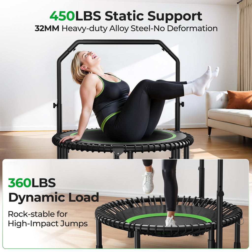Mini Rebounder Trampoline for Adults with Bar, Fitness Trampoline with Bungees, Adjustable Handle